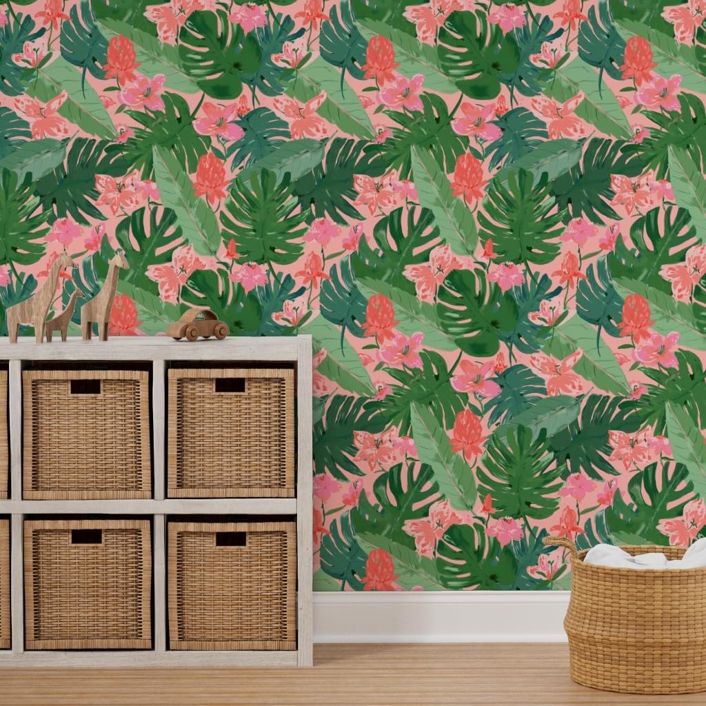 Peel & Stick Wallpaper 9ft x 2ft - Tropical Floral Coral Pink Palm Tree Flowers Flower Summer Custom Removable Wallpaper by Spoonflower