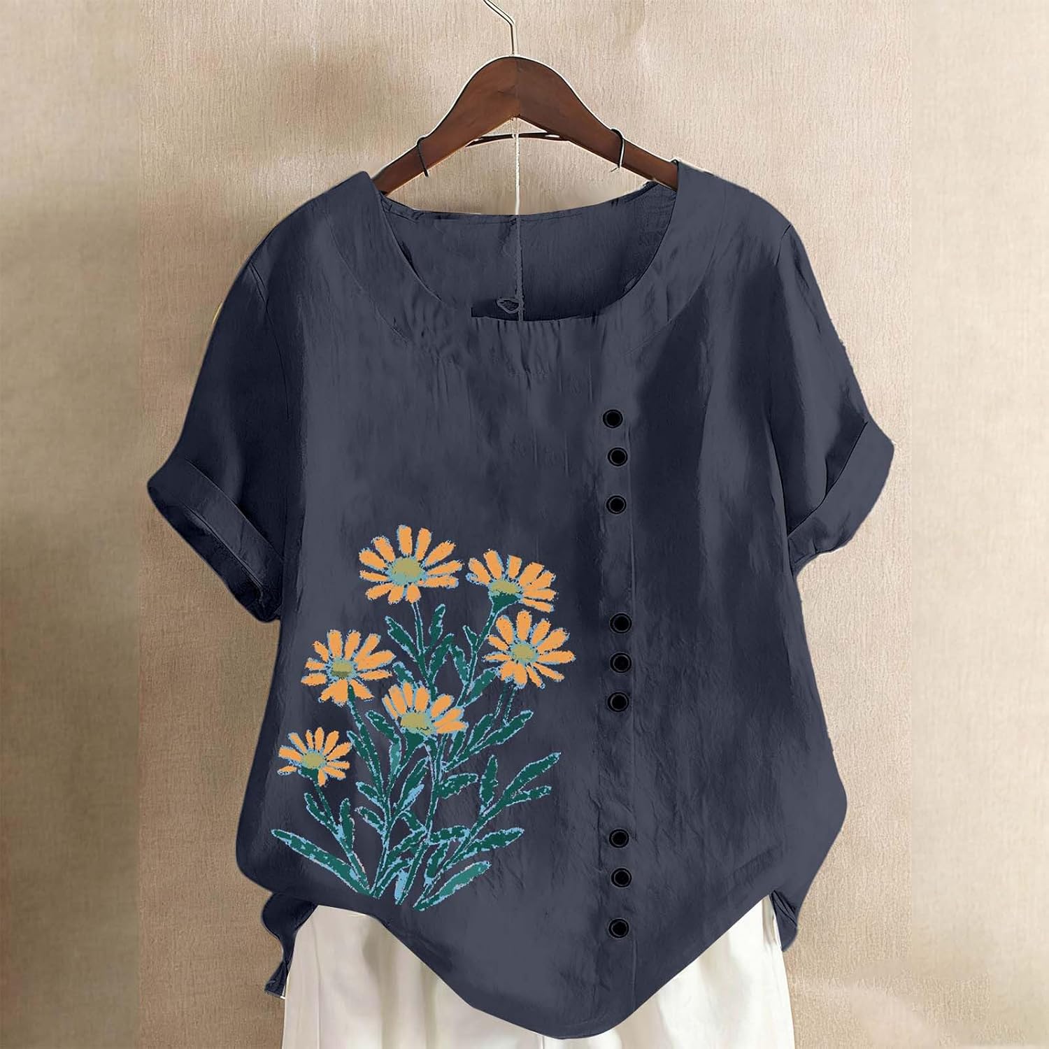 SMIDOW Bohemian Tops For Women Short Sleeve Spring Summer Boho Shirts Floral Print Loose Business Casual Work Blouses - Image 2