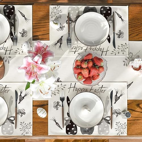 Miniatura 5 de Artoid Mode Juego de 4 manteles individuales de primavera de 12 x 18 pulgadas con diseño de conejo de conejo blanco y negro, para decoración de