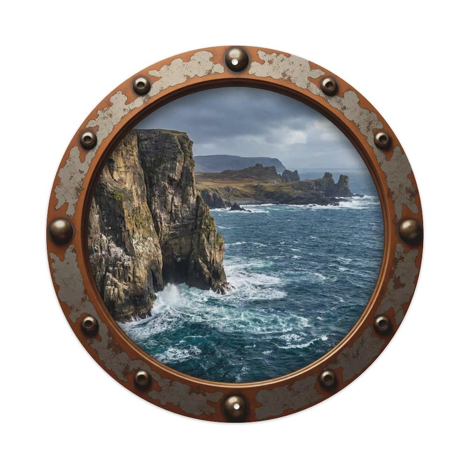 Vintage Porthole Coastal Cliffs Nautical Window View Vintage Metal Tin Sign Plaque Wall Decor for Cafe, Club Bar, Office, Garden Metal Poster 8x8Inch