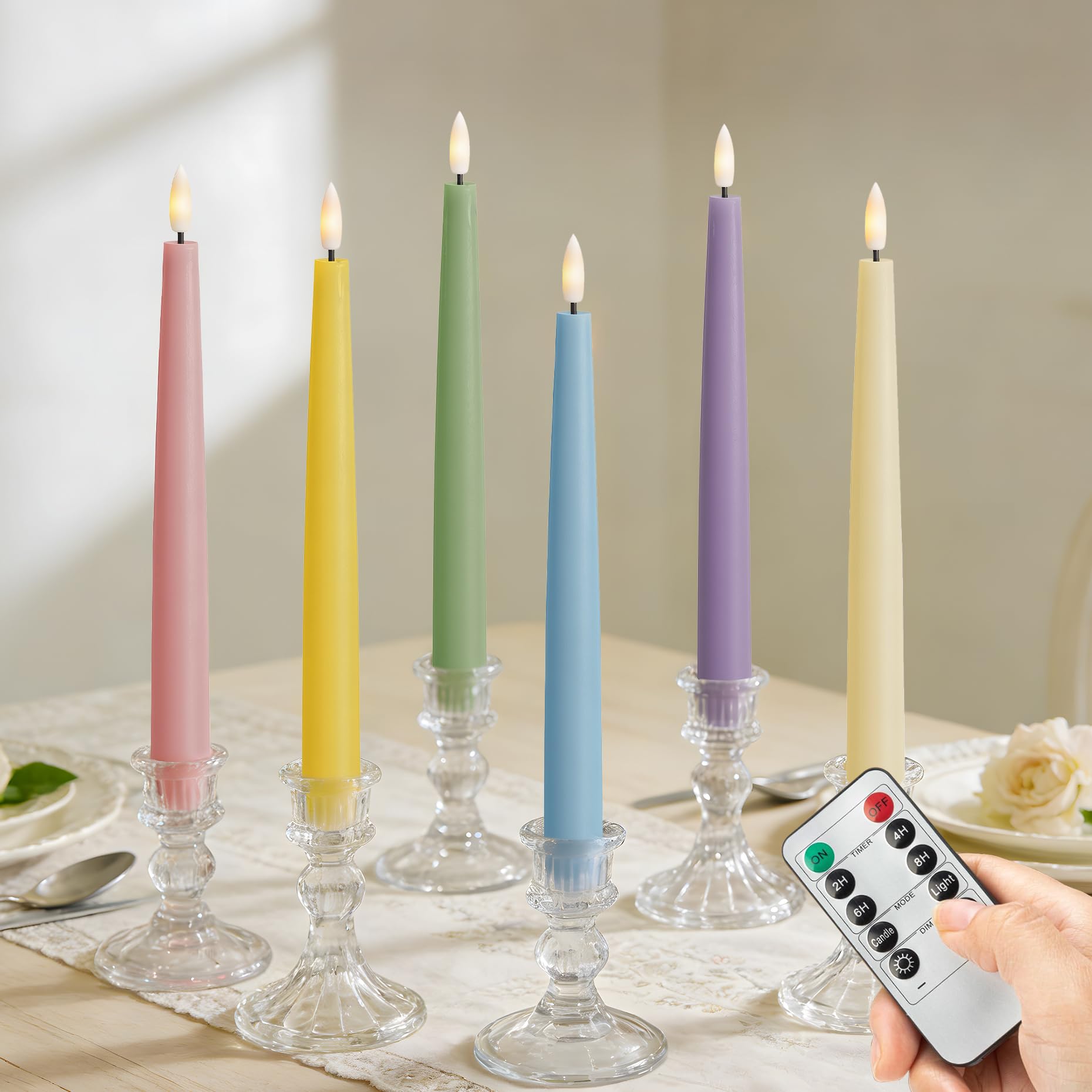 Stmarry Multicolored Pastel Flameless Taper Candles with Remote, 9.65 Inch Real Wax LED Colored Candlesticks, Battery Operated Colorful Candlesticks, Easter Spring Home & Wedding Decor, 6 Pack