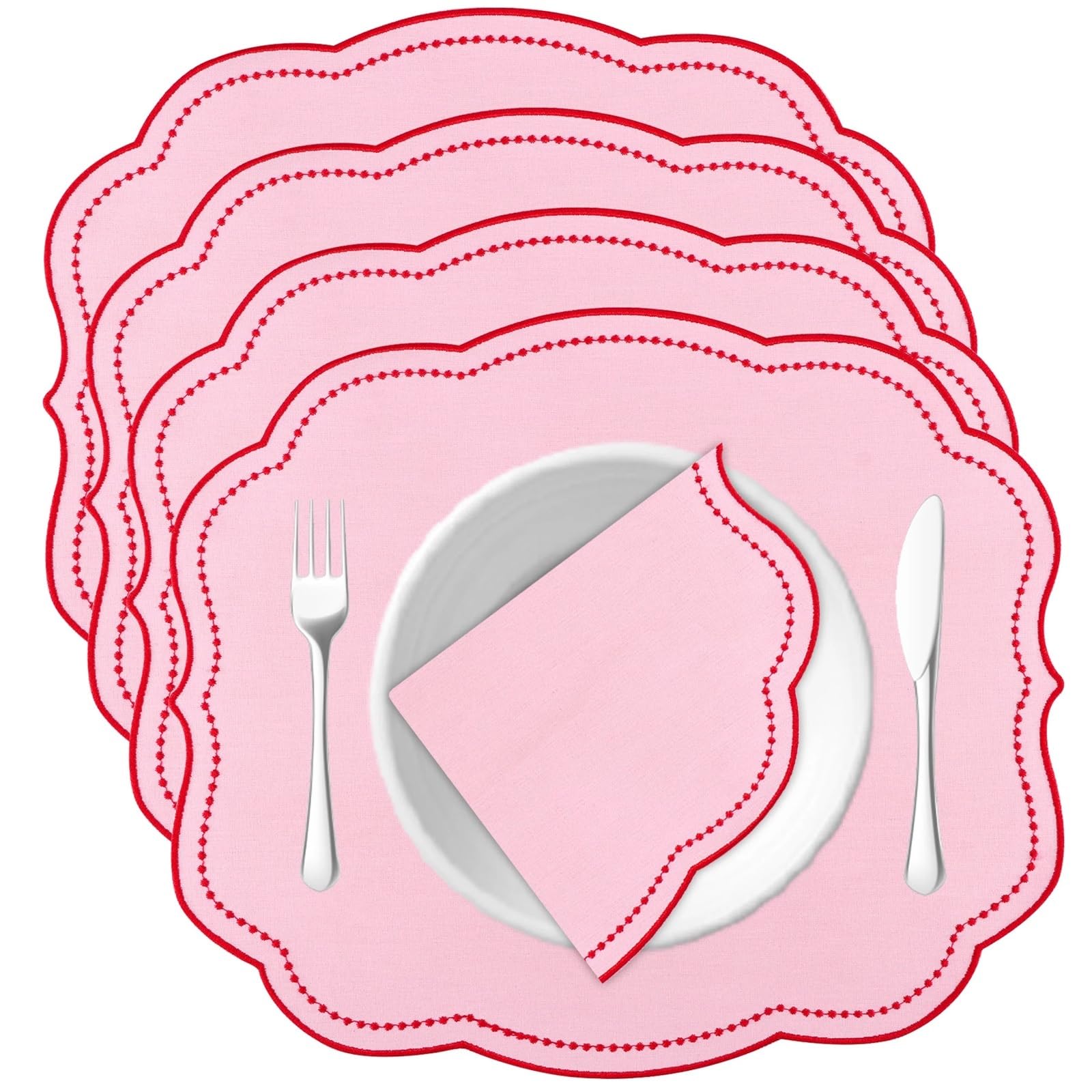 Place Mats for Table 4PCS Thick Cotton And Linen Embroidered Placemats For Wedding Party Birthday Dinner Tea Towel Table Rustic Christmas Napkins(Pink)