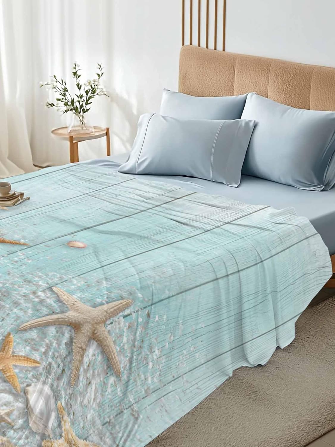 Top Sheet Full Bedding Flat Sheet Only, Summer Beach Sea Star Shell Microfiber Bed Sheets Soft Breathable Bedding Flat Sheets, Green Farm Woodcut Hotel Luxury Top Sheets