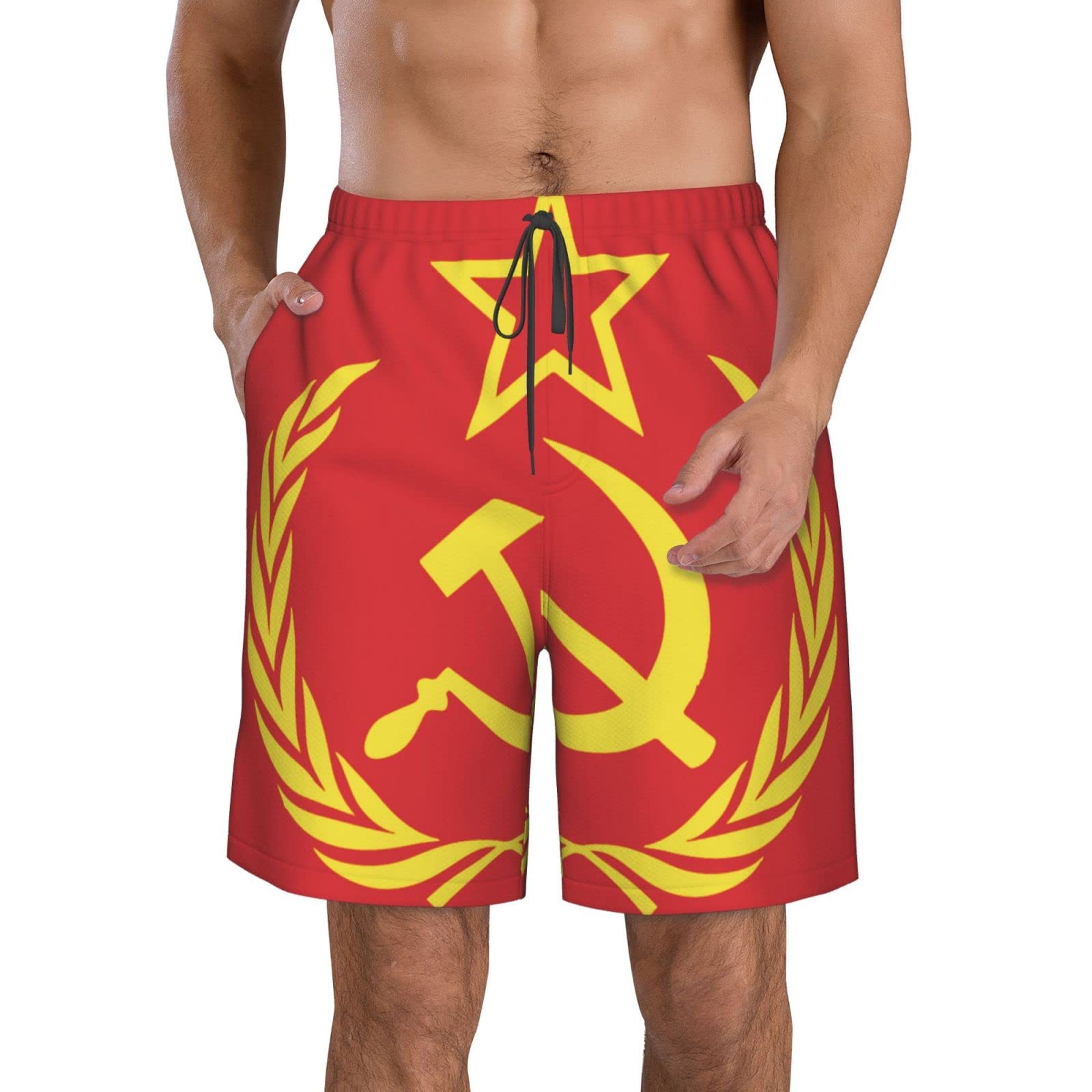 Lsjuee Men's Beach Shorts Hammer Sickle Wreath Soviet Flag Swim Trunks Fashion Workout Board Shorts