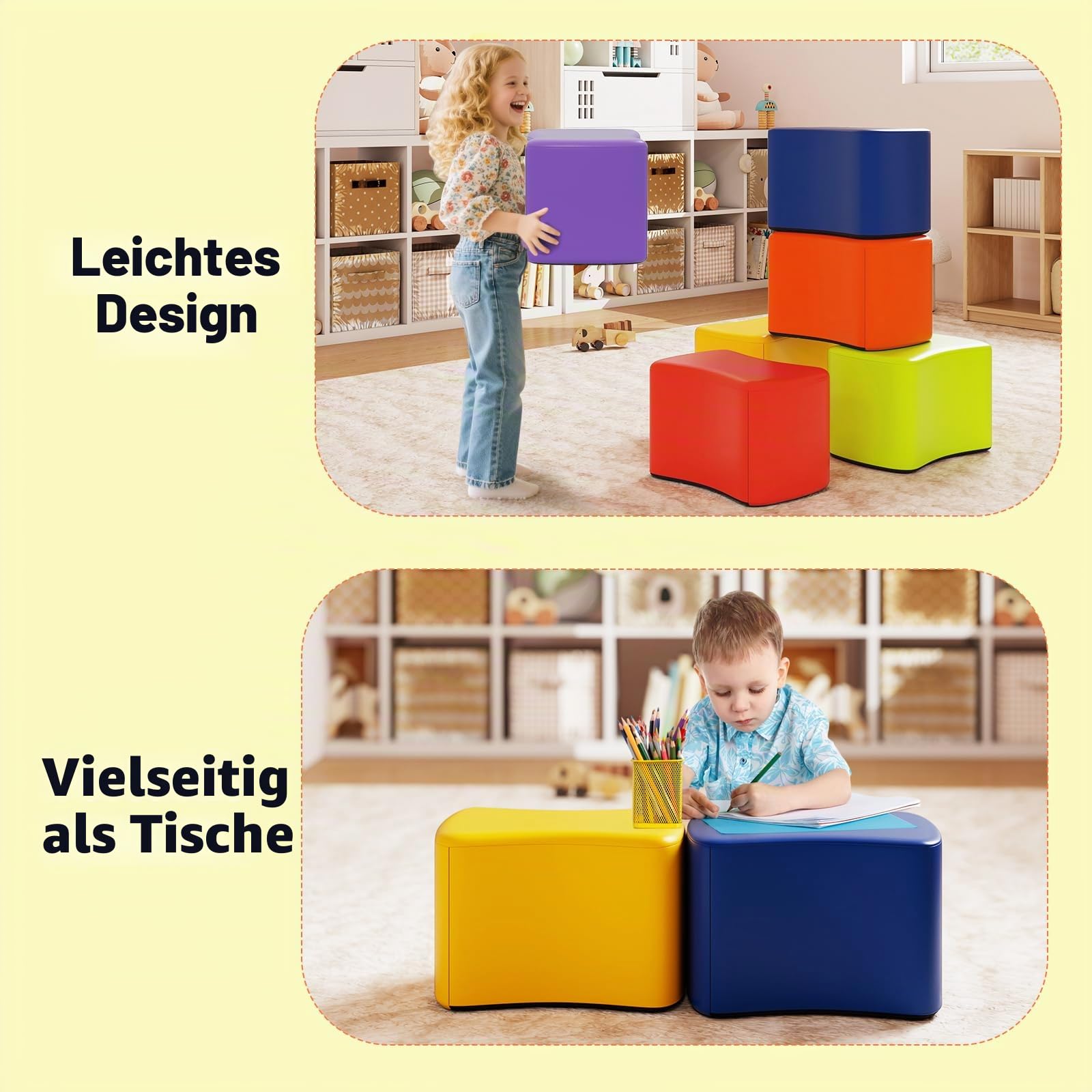 LIFEZEAL 6er Set Kinderhocker, Sitzhocker aus Schaumstoff, Kinder Fußhocker mit Bezug aus Kunstleder, Polstermöbel Kinderstuhl für Kinderzimmer, Kindergarten, Babyzimmer