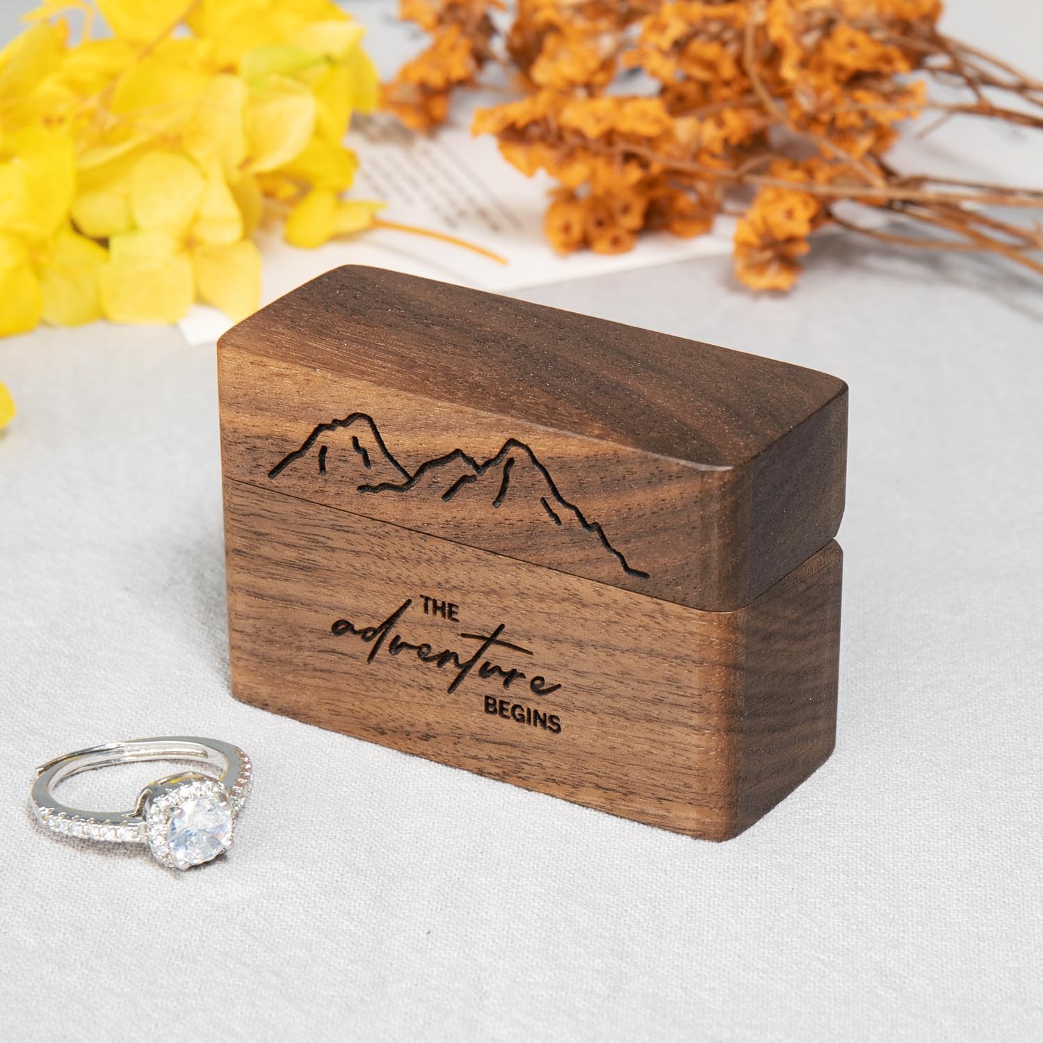 Wooden Engagement Ring Box for Proposal,Wedding,Walnut Wooden case for Little Slim Ring,Pocket Size Secret (The adventure begins) - Image 2
