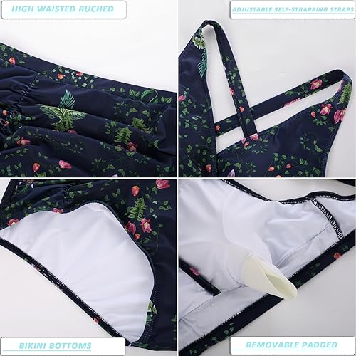 Miniatura 2 de Traje de baño de bikini con cuello en V para mujer, talla grande, cintura alta, fruncido con control de abdomen