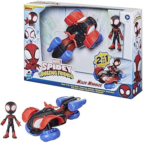 Spidey and His Amazing Friends Marvel Spidey and His Amazing Friends Change 'N Go Techno-Racer Vehicle and Miles Morales: Spider-Man 4-inch Action Figure,for Kids Ages 3 and Up,Black