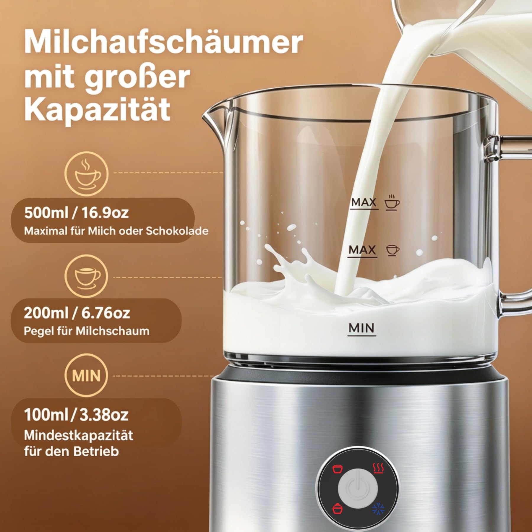 Milchaufschäumer Elektrisch 4 in 1, Milchschäumer Induktion 500ml Kalt Warm, Automatische, Spülmaschinenfest, Abnehmbar Visuelles Glas für Kaffee und Latte