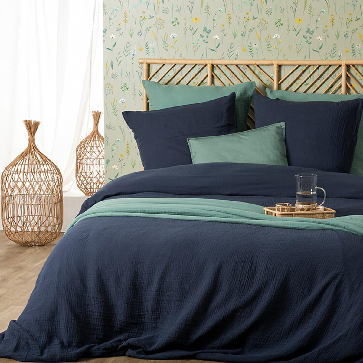 Parure de lit 2 Personnes en Gaze de Coton Bleu Gris 260 x 240 cm Housse de Couette avec 2 taies - Atmosphera