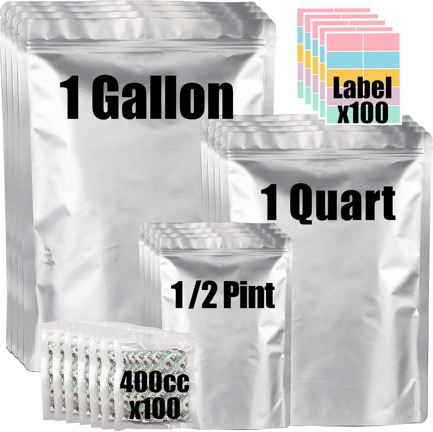 100pcs Mylar Bags for Food Storage with Oxygen Absorbers 400cc (10*10 Packs) and Labels, 10 Mil 10"x14" (30pcs) 7"x10" (30pcs) 5"x7" (40pcs) Stand-Up Zipper Pouches Resealable and Heat Sealable for Long Term Food Storage : Home & Kitchen