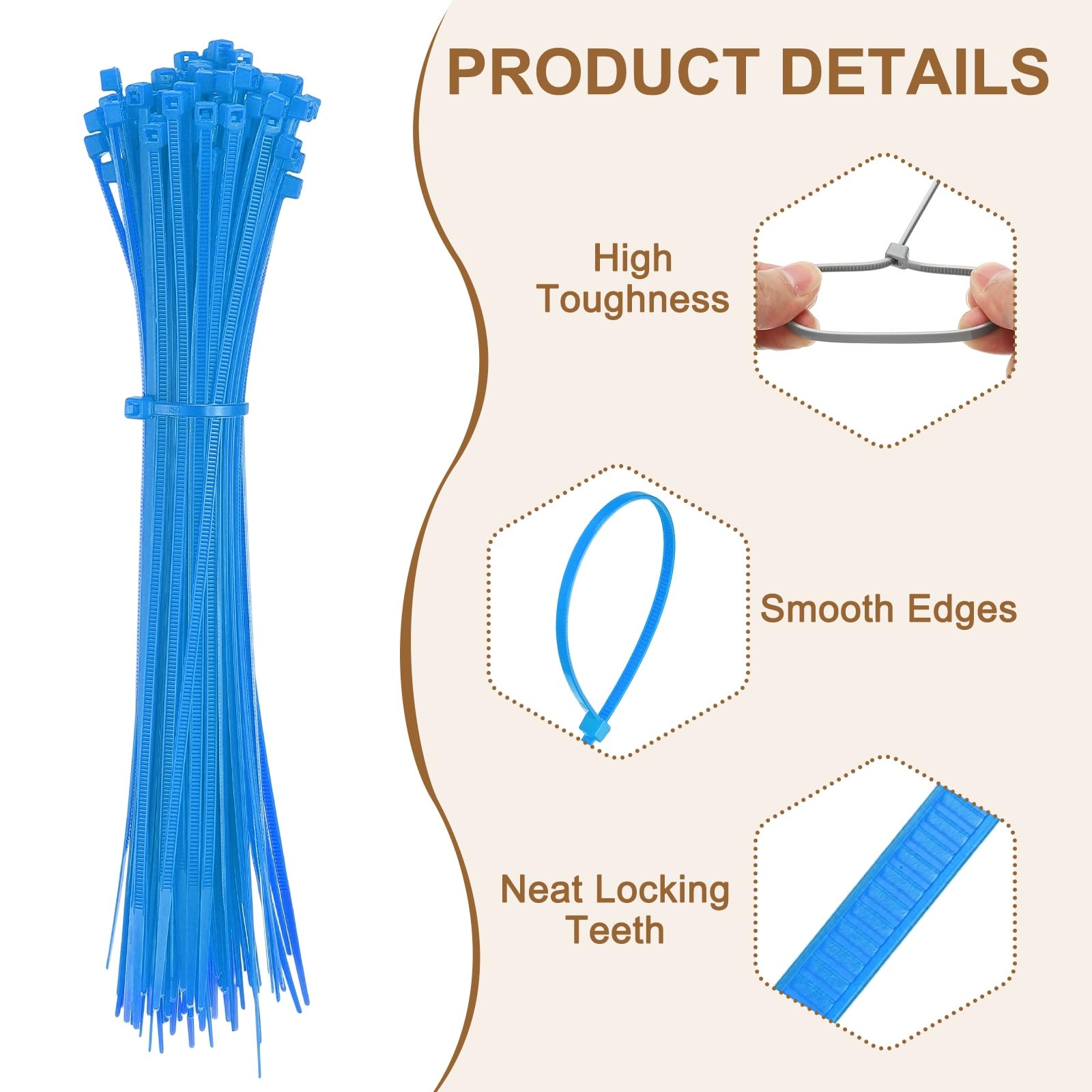 YELARXI Zip Ties Plastic Cable Ties, Self-Locking Wire Zip Tie 8 Inch Fit for Home Garden Office Workshop Travel - (100 Pack, Blue) - Image 3