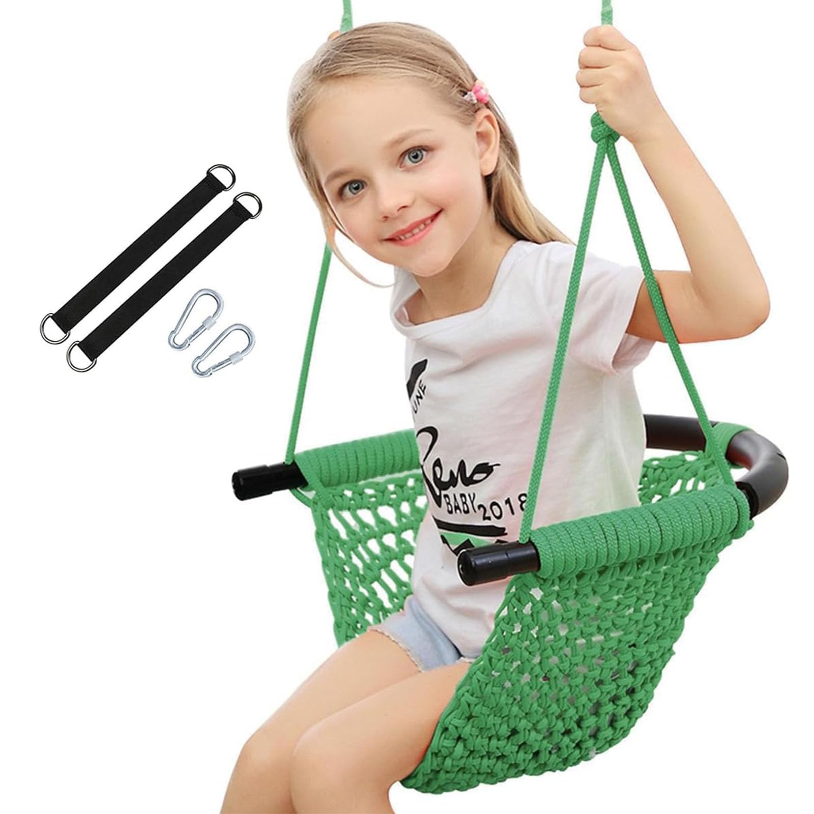 Nets Tribe Green Hand Knitted Toddler Swing For Kids With Adjustable Ropes, Heavy Duty Safe Rope Swing Set For Indoor, Outdoor, Playground, Tree, 200Kg Load Capacity (Green)