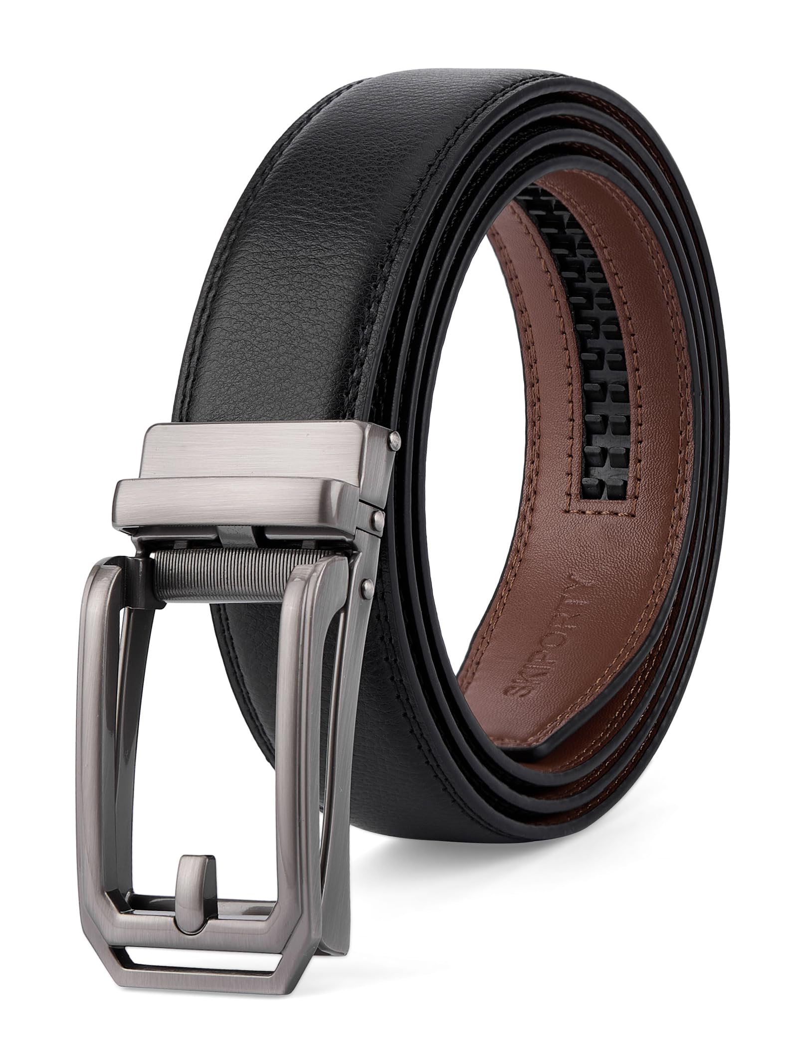 SKiporty Black Mens Belt Ratchet Belts Dress Casual Leather Belt for Men With Slide Adjustable Click Buckle Gifts Box