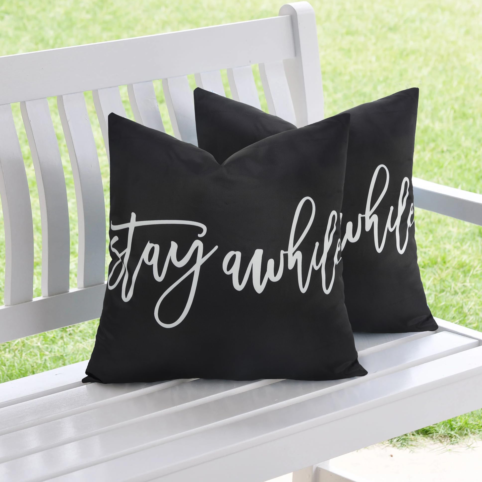 Adabana Outdoor Waterproof Throw Pillow Covers Set of 2 Stay awhile Decorative Outdoor Pillows Cover for Patio Garden Porch Black 20x20 Inch