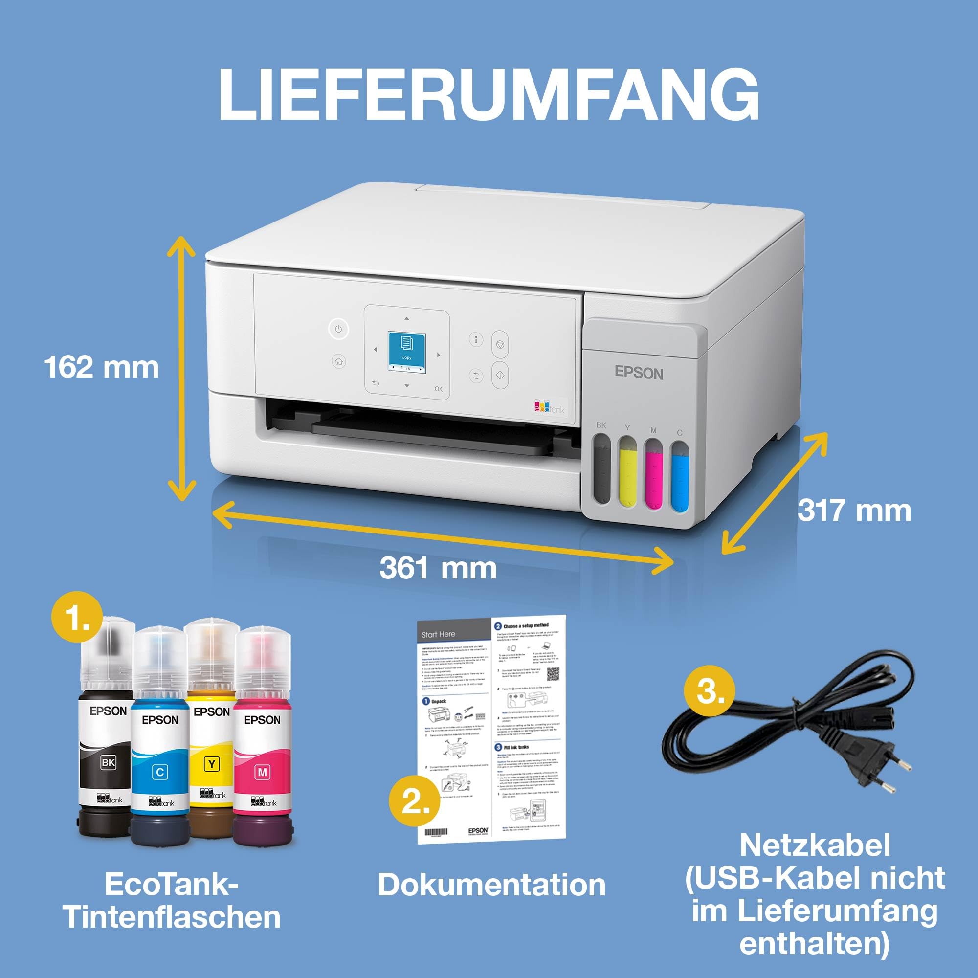 Epson EcoTank ET-2926 | Für vielbeschäftigte Haushalte | Wi-Fi | A4 | Drucken, Kopieren, Scannen | LC-Display | AirPrint-kompatibel | Kompakt | Enthält bis zu 3 Jahre Tinte