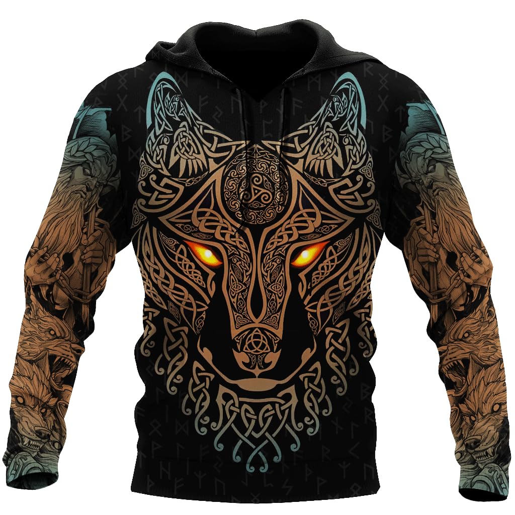 Jjllazad Men's Celtic Wolf Viking Hoodie 3D Print Norse Mythology Fenrir Wolf Long Sleeve Spring Autumn Pullover For And Wo Cosplay Costume,,Xl