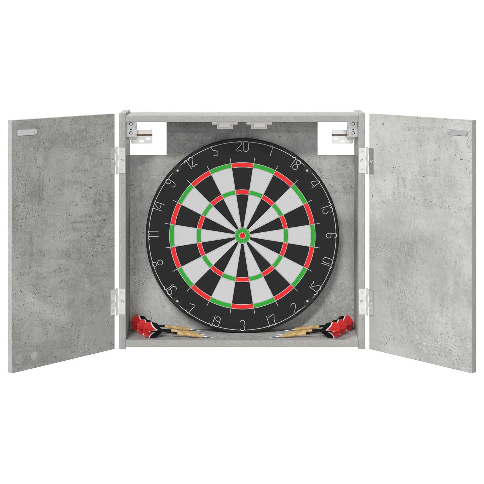 Szafka do darta z materiału drewnopochodnego, szafka do darta na tarczę, betonowa szara, 56 x 12 x 63 cm, zamknięcie magnetyczne, montaż ścienny