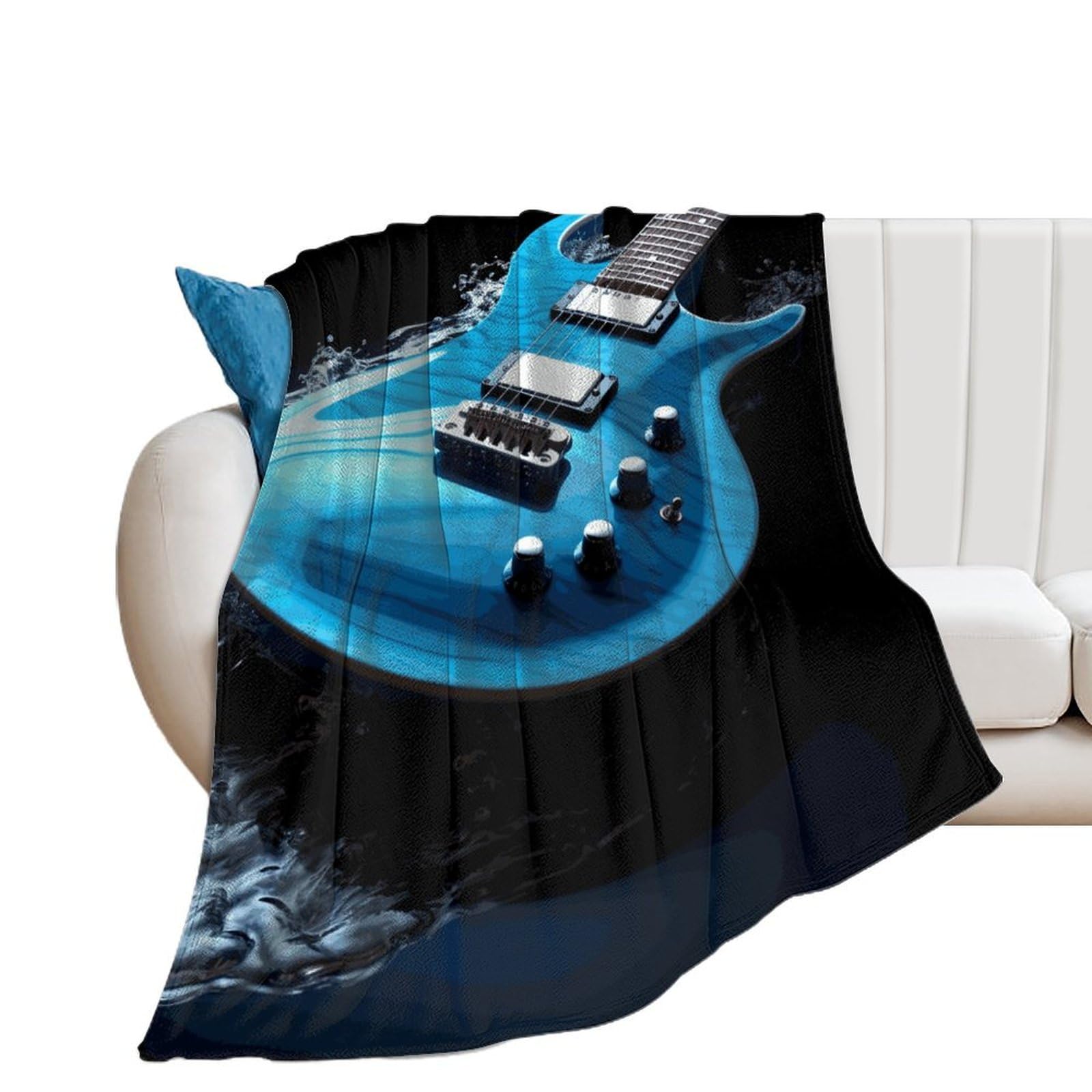 Couverture guitare bleue en flanelle pour soirées cocooning canapé