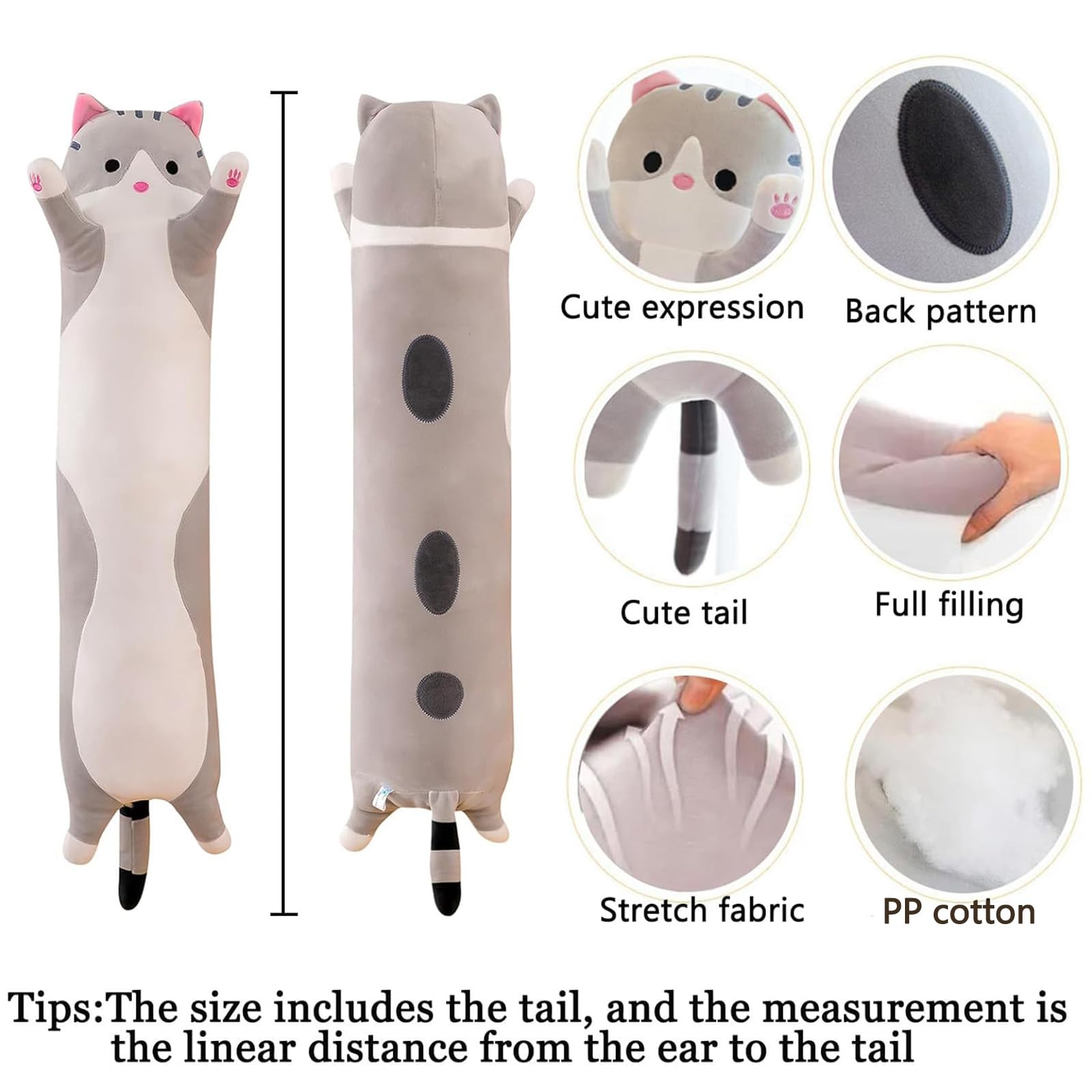Gatto Peluche Morbido Abbraccio Cuscino Imbottito Animale Carino Kitty Sleeping Throw Regalo per Bambini (130cm/51.1inch, Grigio)
