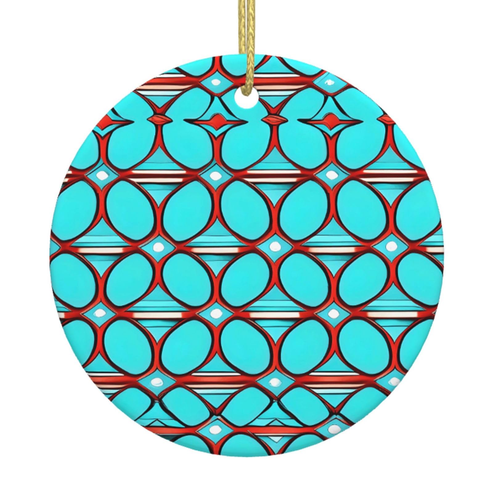 Turquoise Pattern Print Christmas Ornaments, Ceramic Hanging Ornament, Round Shape Decorations