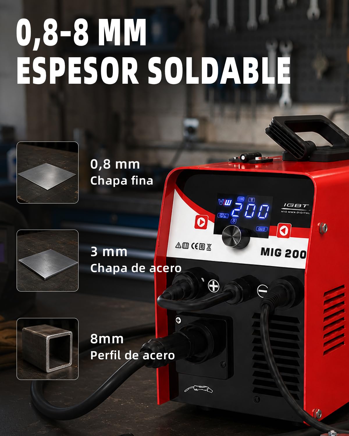 VECTOR WELDING Soldador MIG MAG 200A, Soldador de Hilo Inverter 4 en 1 | Gas MIG/Flux/MMA/Lift-TIG, Máquina de Soldar con Pantalla LED, MCU, IGBT, para Soldar con y sin Gas