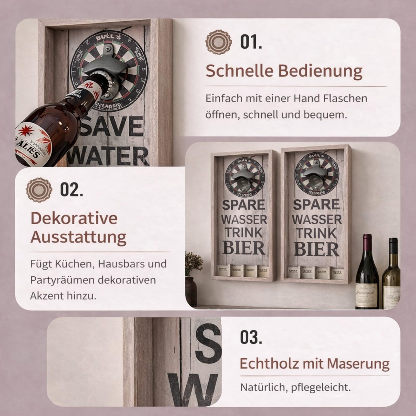 Vintage Wandflaschenöffner mit Kronkorken Sammler – Wandmontierter Flaschenöffner aus Holz & Metall, Retro Bier Flaschenöffner mit Auffangbehälter für Hausbar Küche Garage Männerhöhle