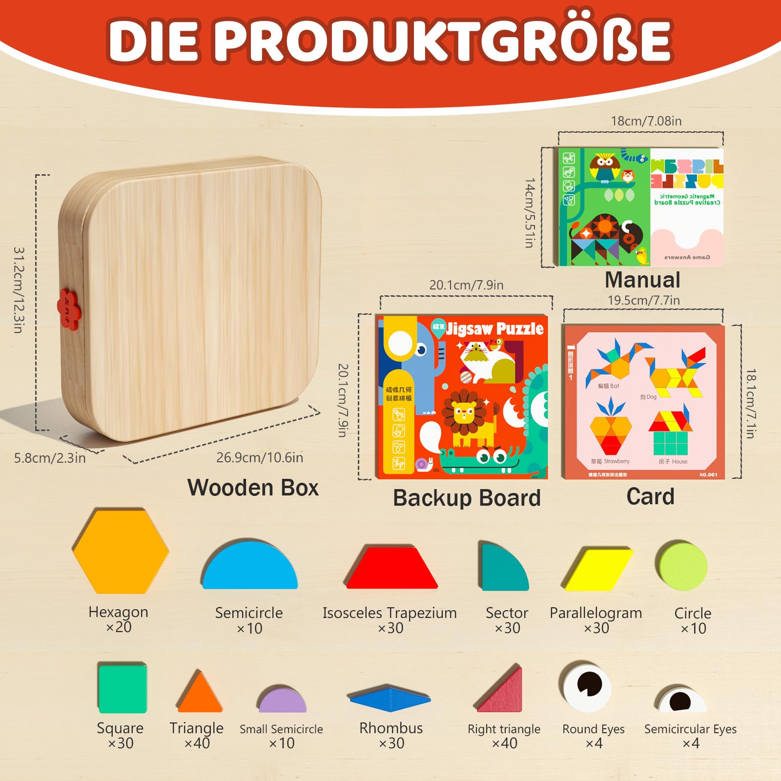 Magnetische Holzbausteine ​​mit Karten, 288-teiliges Montessori-Tangram-Puzzle-Lernspielzeug für Kleinkinder von 3-5 Jahren, pädagogisches STEM-Geschenk für Jungen und Mädchen von