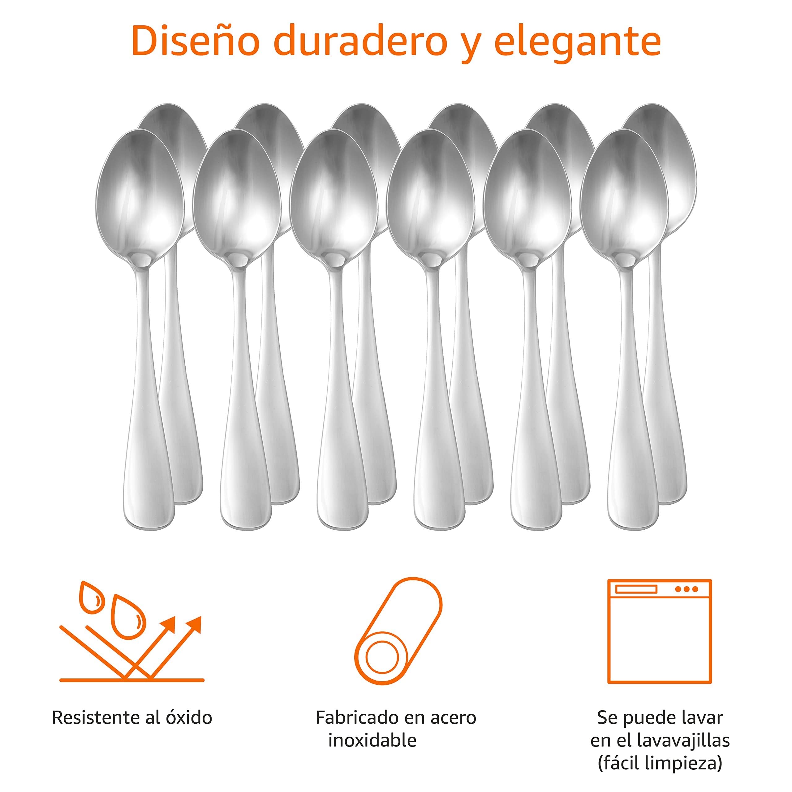 Amazon Basics Cucharas de Cocina de Acero Inoxidable 20,1 cm Paquete de 12 Plateado