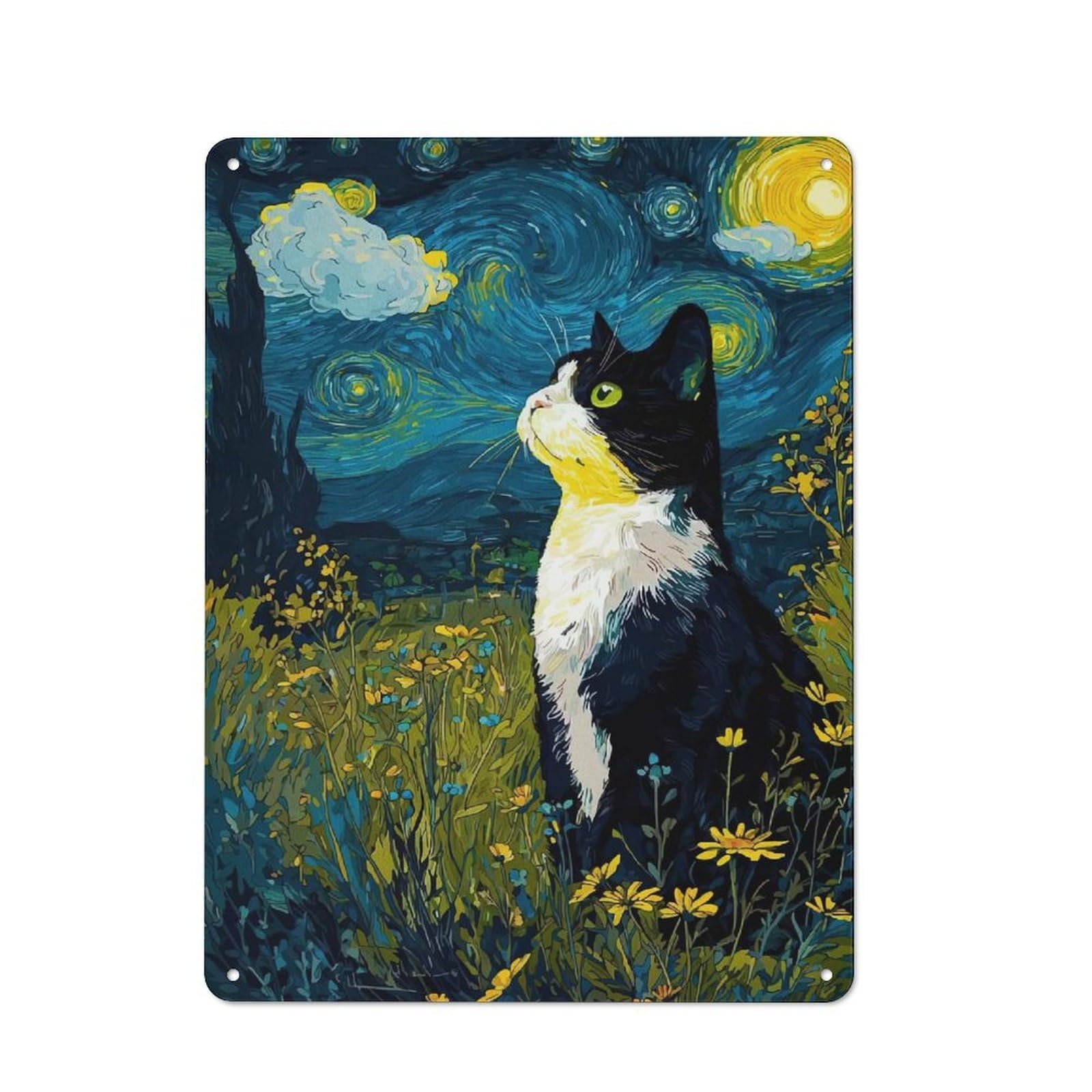 Junmoney Style Metal Plaque 40X30cm With Starry Night Cat For Pub Or Café, Retro Decor, For Pub Decor Enthusiasts Refreshing A Room In Autumn