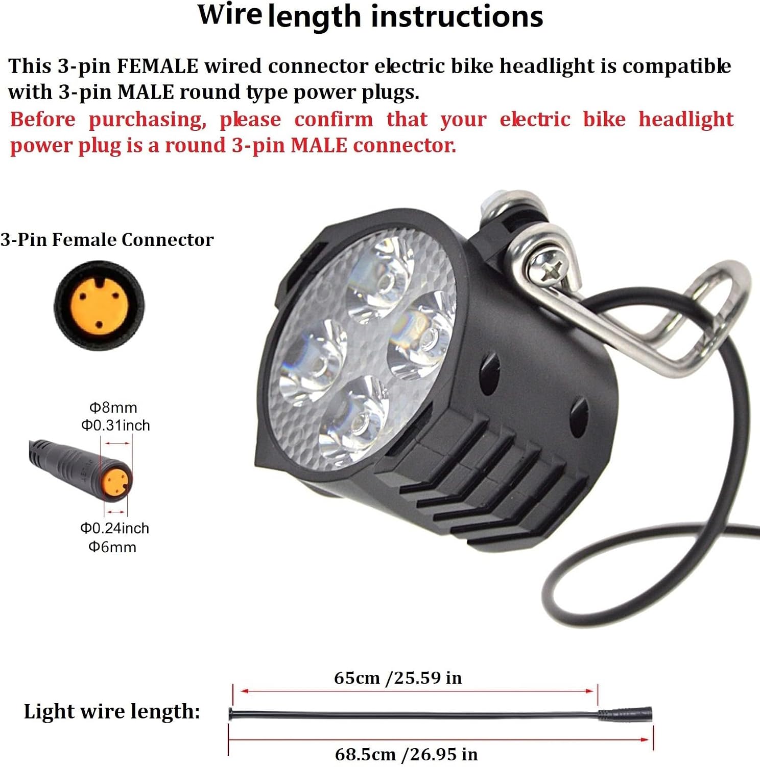 Ebike LED Headlight 3 Pin Female Waterproof Connector Ultra-Bright 12W 300 Lux Night Riding Front Light with Horn Warning for 48V 36V Folding Mountain Bike and E-Scooter