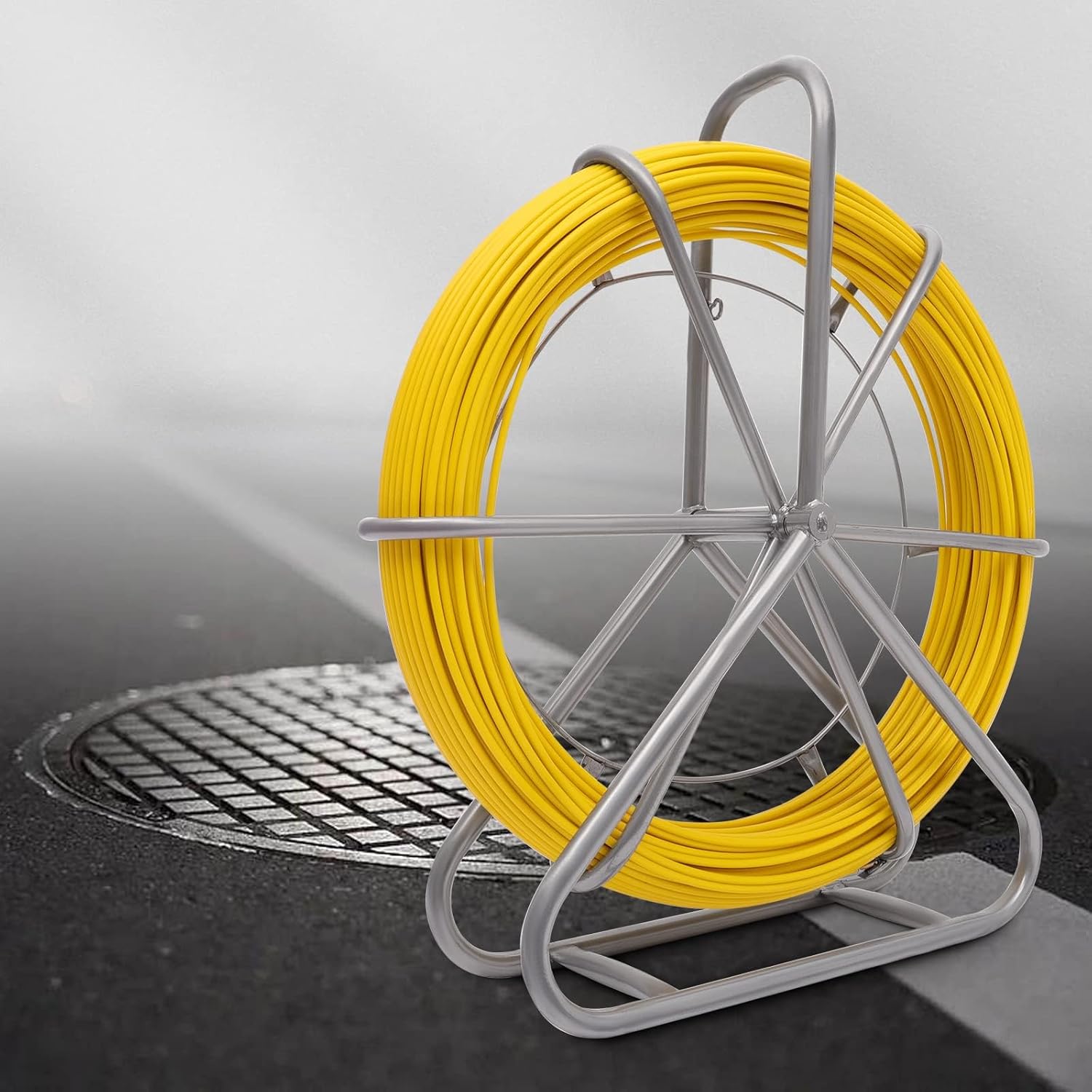 FAHKNS 656FT Fish Tape Fiberglass 1/4 inch(6MM) Fishing Wire Puller Duct Rodder Cable Running Electrical Fishtape Tool Rod with Steel Reel Stand Through Wall Pipe Length Marking in Meter