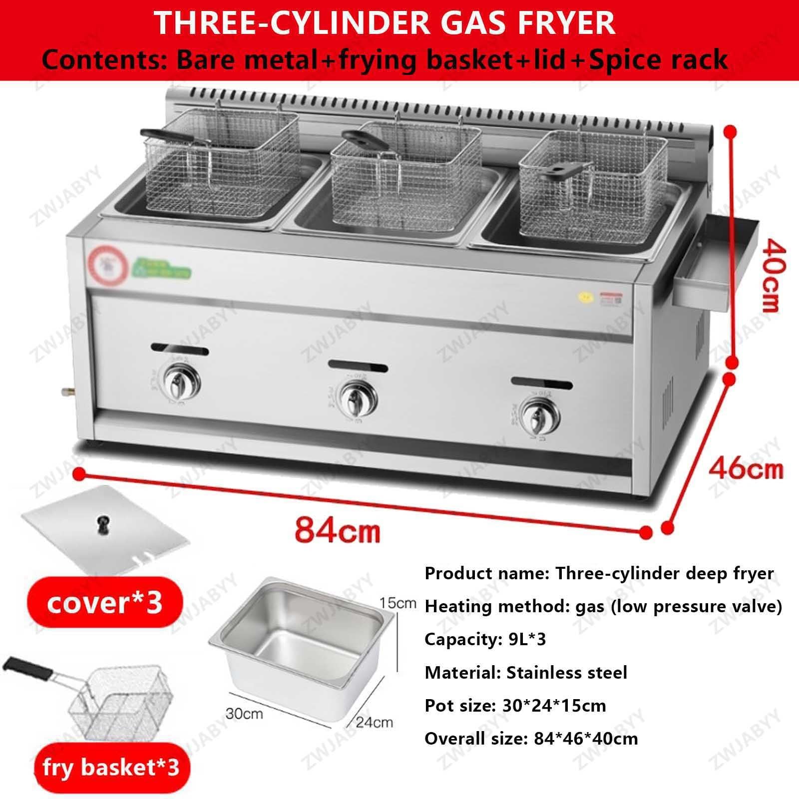 Freidora de gas comercial, encimera de acero inoxidable con cesta y tapa, tanques dobles de 9 litros, control de temperatura ajustable para papas fritas de restaurante