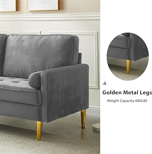 Miniatura 6 de Sofá biplaza moderno de terciopelo de 67 pulgadas, sofá biplaza tapizado de mediados de siglo con 2 almohadas y 4 patas doradas, sofás de 2 plazas