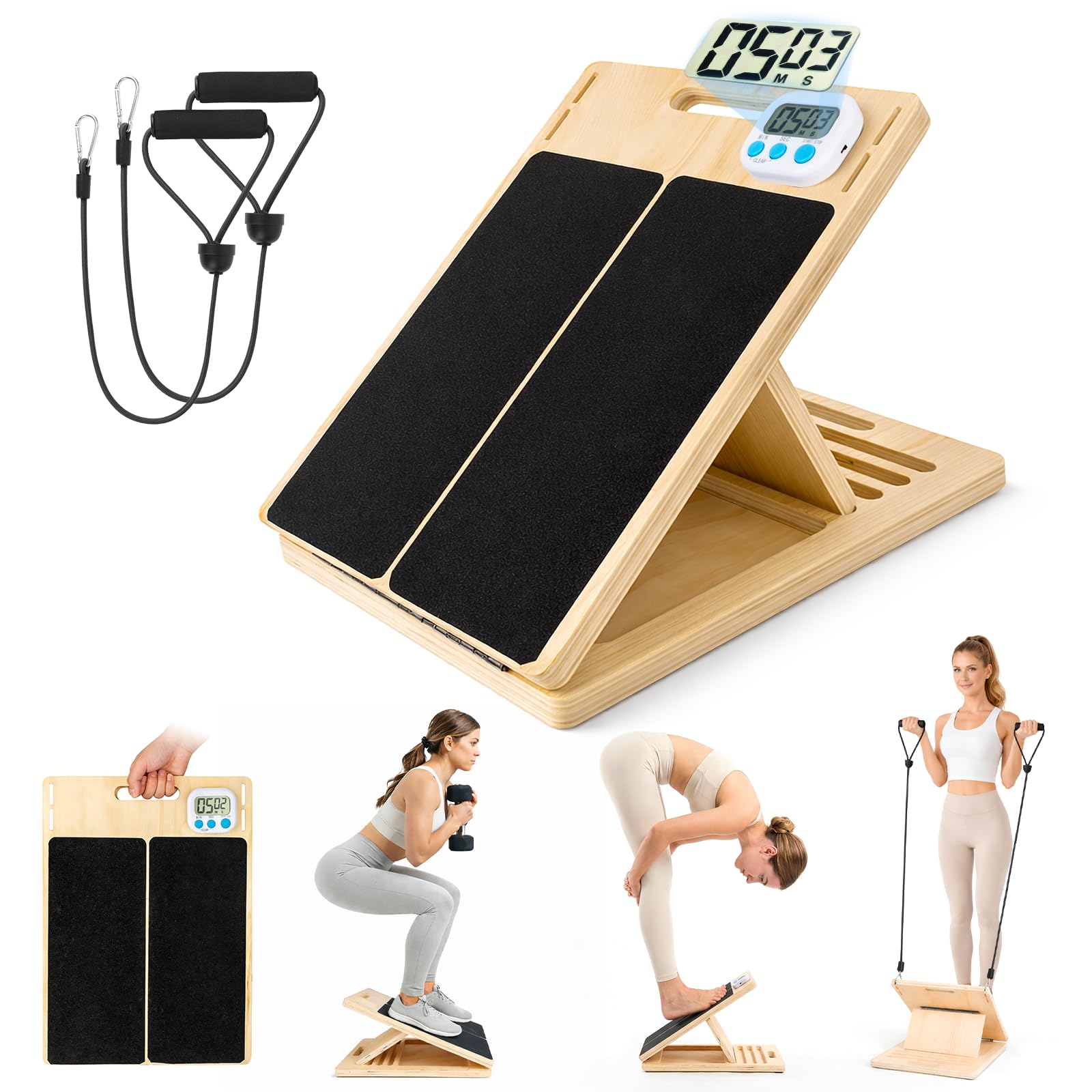 Timekeeping Slant Board, Wooden Calf Stretch Board 5 Angles Adjustable Incline Mobility Board for Rehabilitation Non-Slip Balance Board Stretching Gift with Stretch Straps for Home Gym Office Outdoor