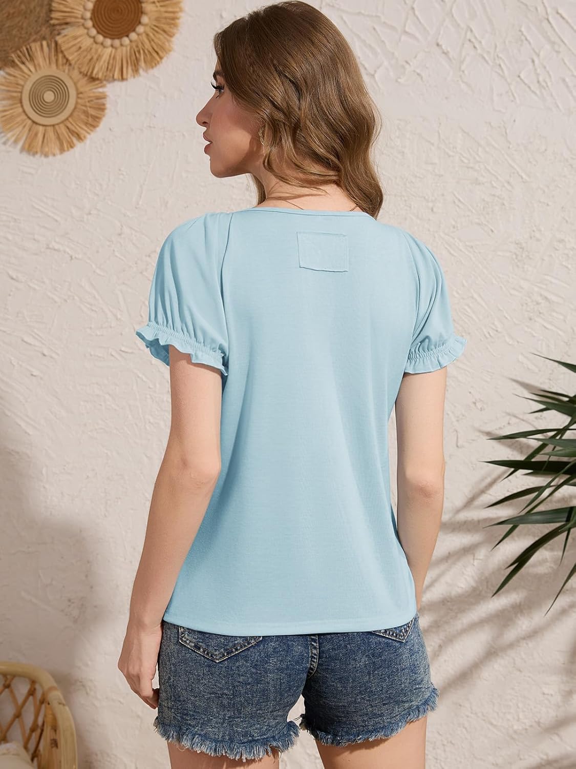 Women Deep V Neck Low Cut Tops Casual Henley T-Shirts Summer Ruffle Short Sleeve Tees - Image 6