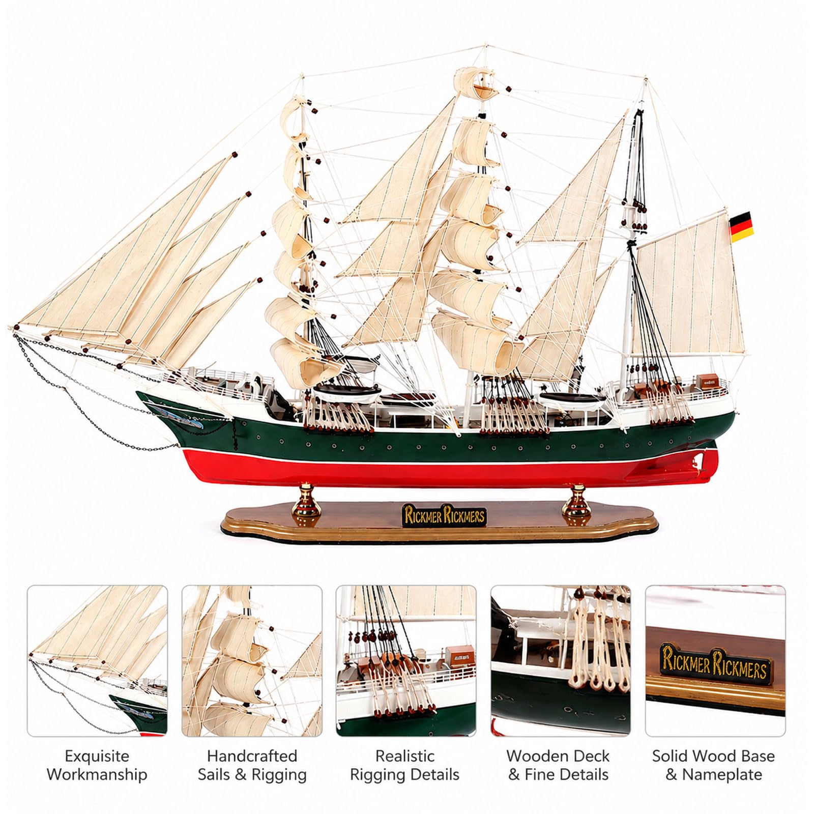 YLME Grande Modello di veliero Ornamento in Legno a Forma di Nave Alta 80cm | Con vele e sartiame realistici Decorazione nautica per la casa per soggiorno, ufficio o mensola