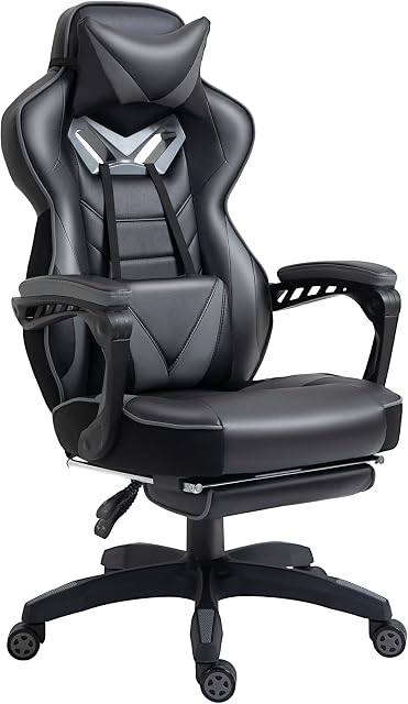 Vinsetto Ergonomic Racing Gaming Chair Office Desk Chair Adjustable Height Recliner with Wheels, Headrest, Lumbar Support, Retractable Footrest Home Office, Grey