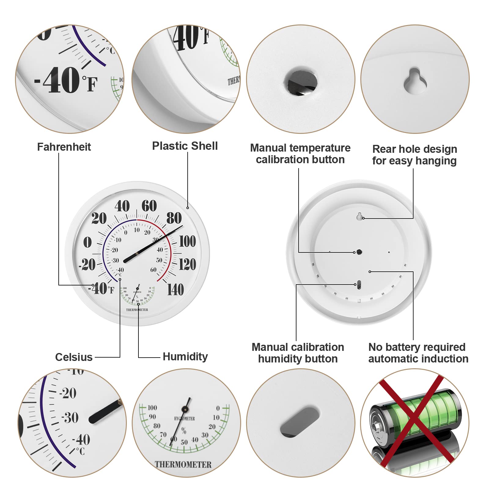 Termómetro de pared para interiores y exteriores, termómetro de números grandes, sin batería, 10 pulgadas, higrómetros digitales para el hogar, jardín, decoración de patio exterior (blanco)
