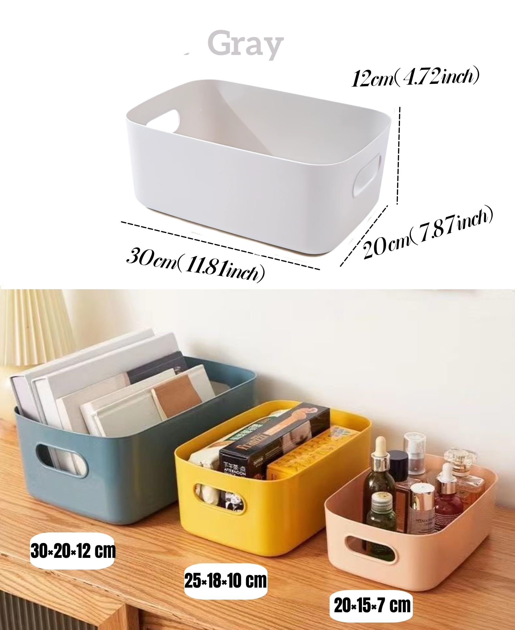 Cajas Almacenaje Plastico con Asa,Cajas Organizadoras de Plastico Adecuados para Usar en el Armario,la Cocina o el Baño (Gris, 30 x 20 x 12 cm/10 Pcs)