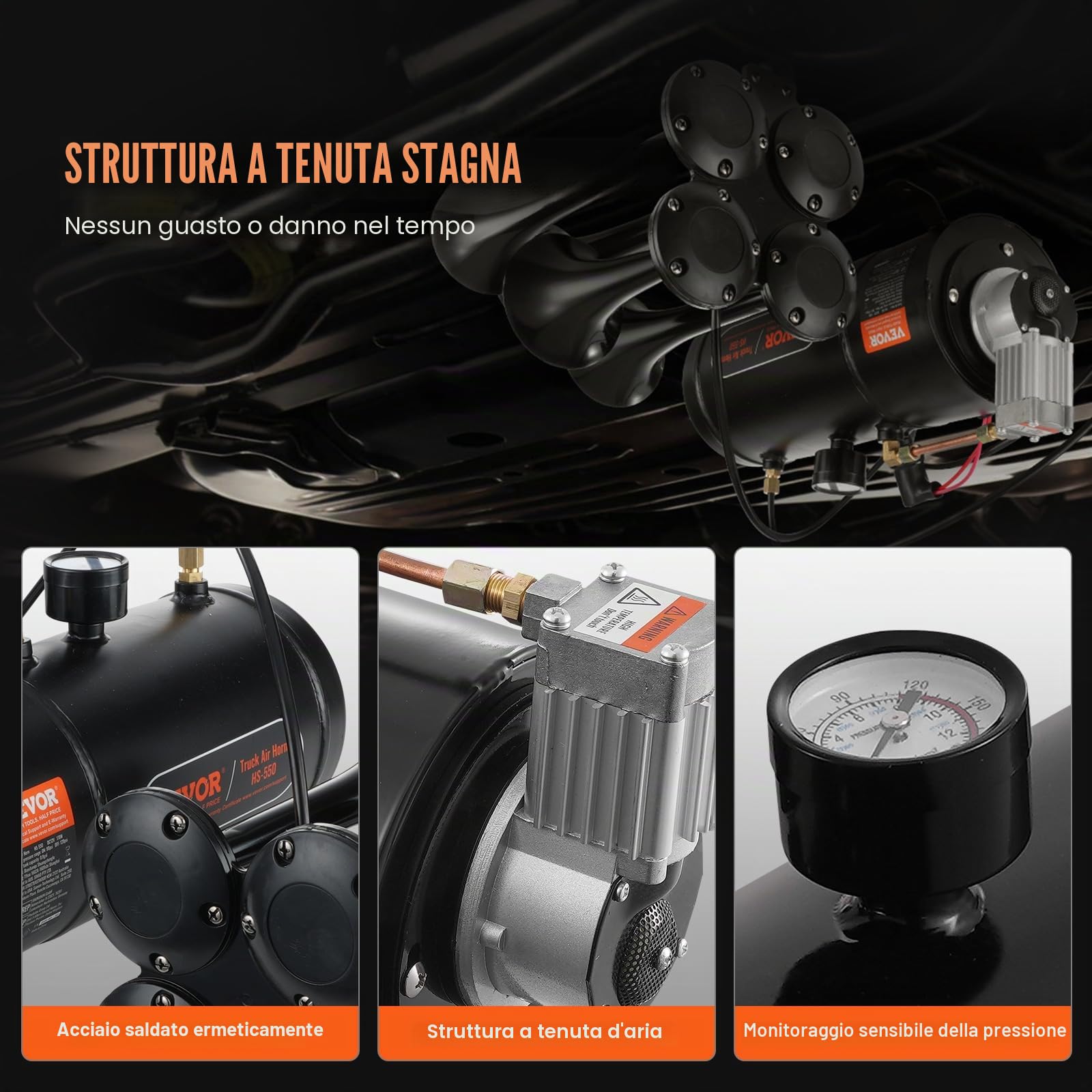 VEVOR Kit Compressore d'Aria 12V Serbatoio da 3 Litri, Kit Compressore d'Aria per Clacson Tromba, Pressione di Esercizio 90-120 PSI, Sistema di Compressore d'Aria Integrato per Clacson Tromba Camion
