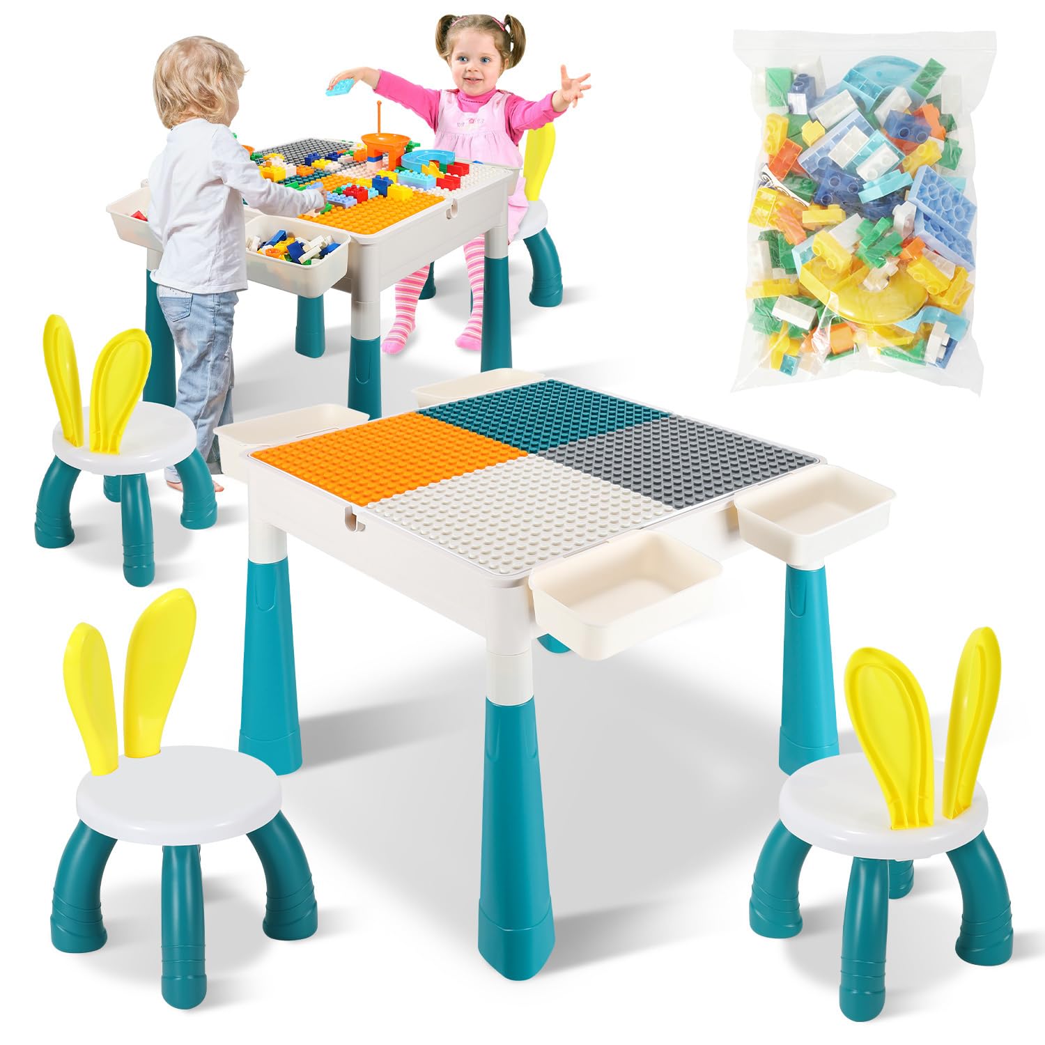 Kindertisch mit 2 stühlen mit Stauraum & 251 Bausteinen,Kinder Tisch Stuhl Set, 4-in-1 Multifunktionaler Kinder Tisch Stuhl Set Höhenverstellbar, Spieltisch,PP+ABS,Leicht zu Reinigen