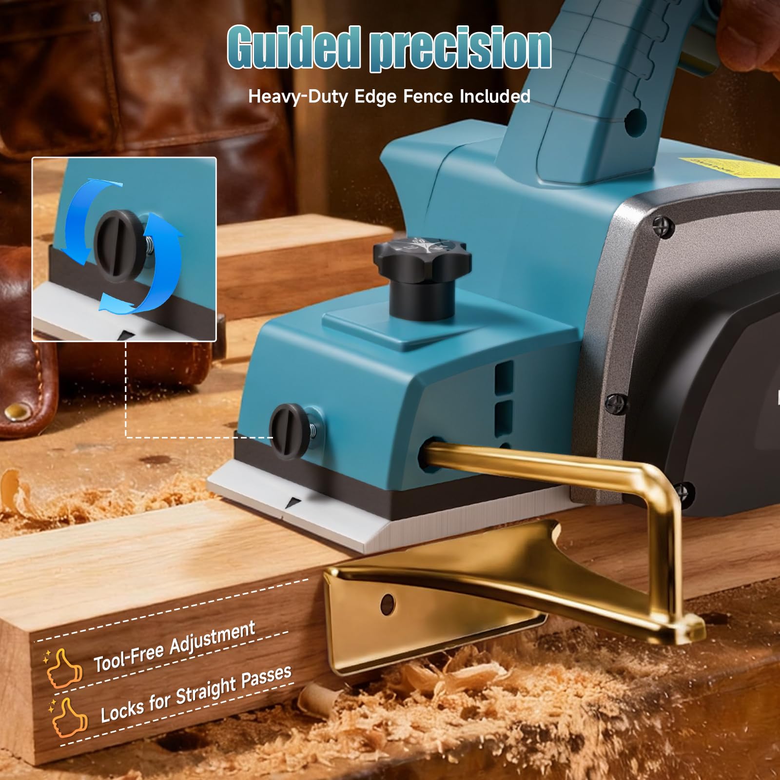 Rabot Sans Fil Compatible avec Makita 18V Batterie, 15000RPM Raboteuse Électrique à Une Main avec 2×4.0Ah Batterie, Largeur de Rabotage 82mm, Profondeur de Coupe 0-2mm
