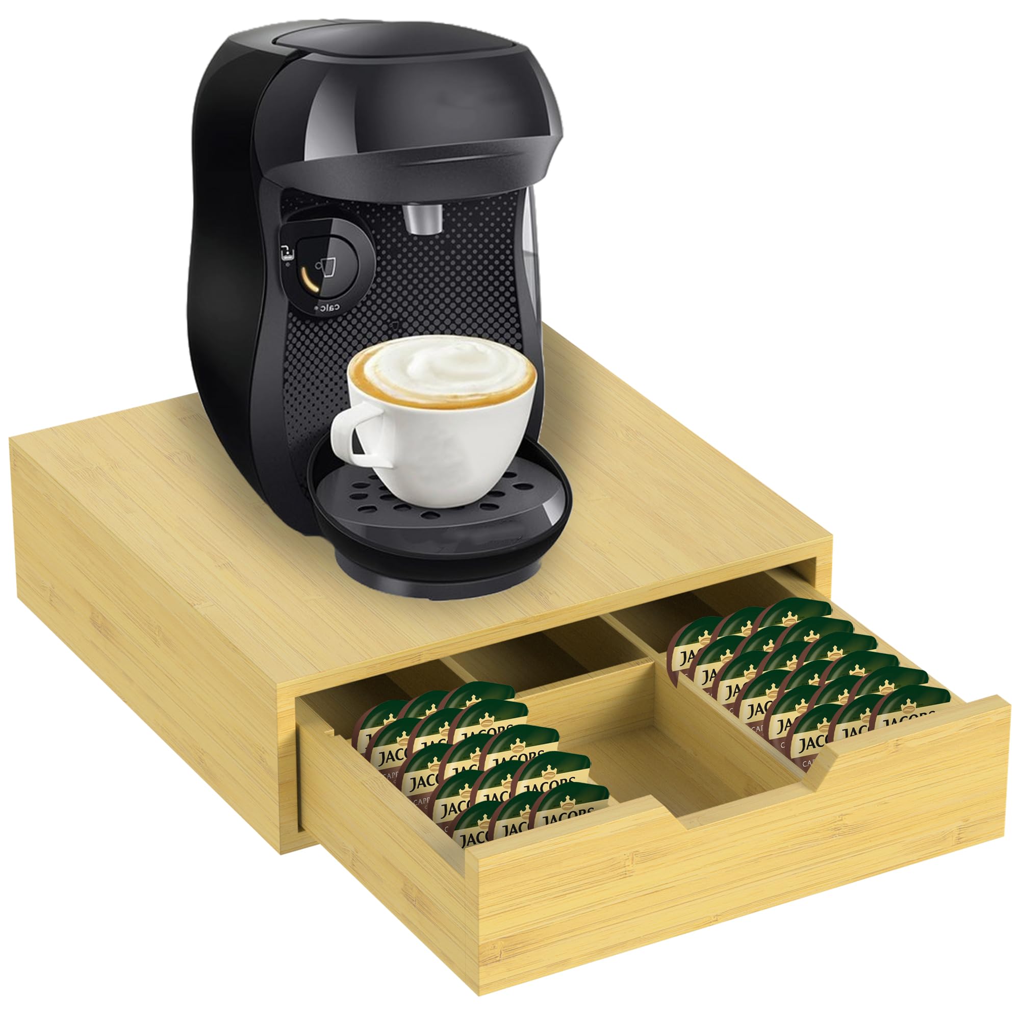 ZENO Bamboo 64 Coffee Pod Drawer | Pods Holder For Tassimo | Compatible With Tassimo Pods | Coffee Machine Stand | Pod Drawer Dispenser | Wooden Kitchen Storage for Coffee & Tea