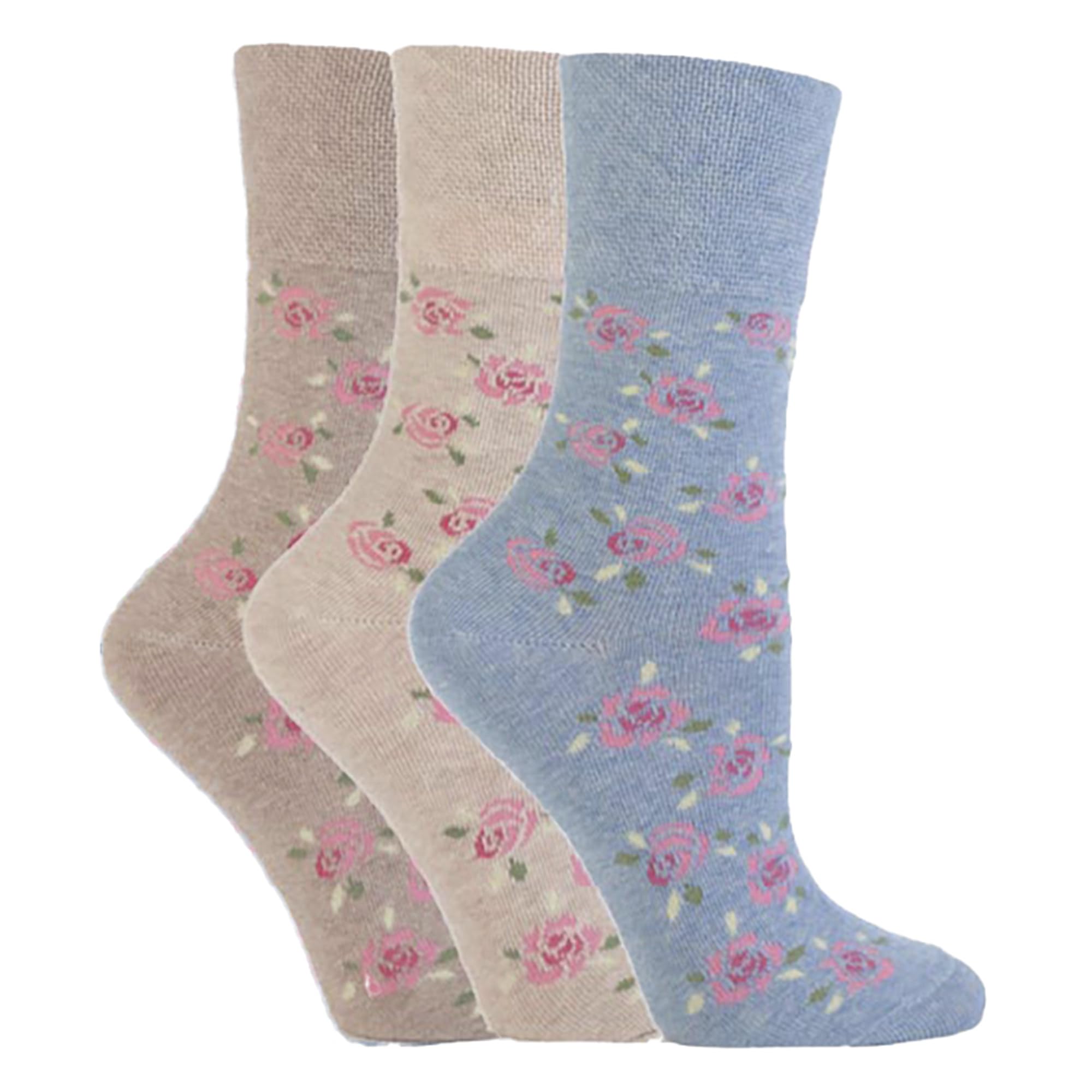Get Top Marketing Women's Beige-Blue Floral Non Elastic, Gentle Grip, Diabetic Socks, Various Designs/Colours, Uk Size 4-8 (3 Pair Pack, )
