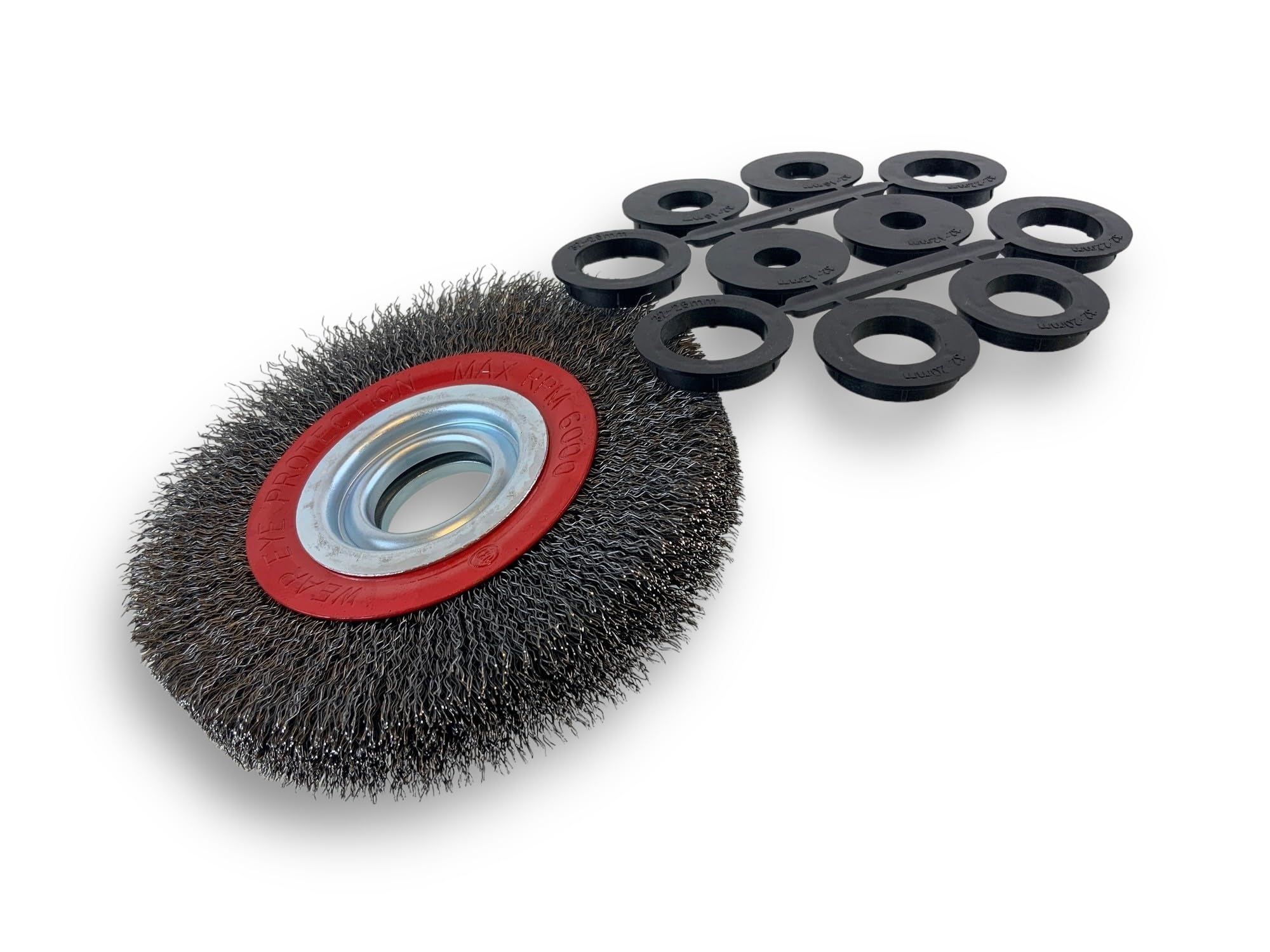 Kibros Brosse circulaire touret acier Ø 150 mm 2 rangs fil dur | Fil dur 0,30 mm ondulé, alésage 32 mm avec réducteurs bague 25/22/20/16/12 mm, pour touret meuleuse affûteuse.