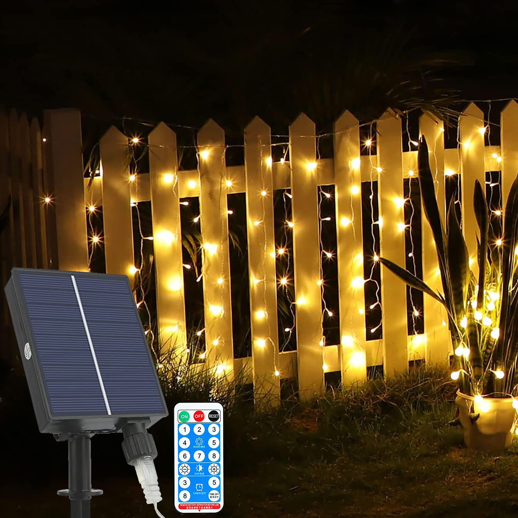 Solar LED Eisregen Lichterkette Außen mit Fernbedienung Wasserdicht 8 Modi Eiszapfen Lichterkette Lichtervorhang Deko für Weihnachten Hochzeit Terrasse (9.85ft 128LED, Warmweiß)