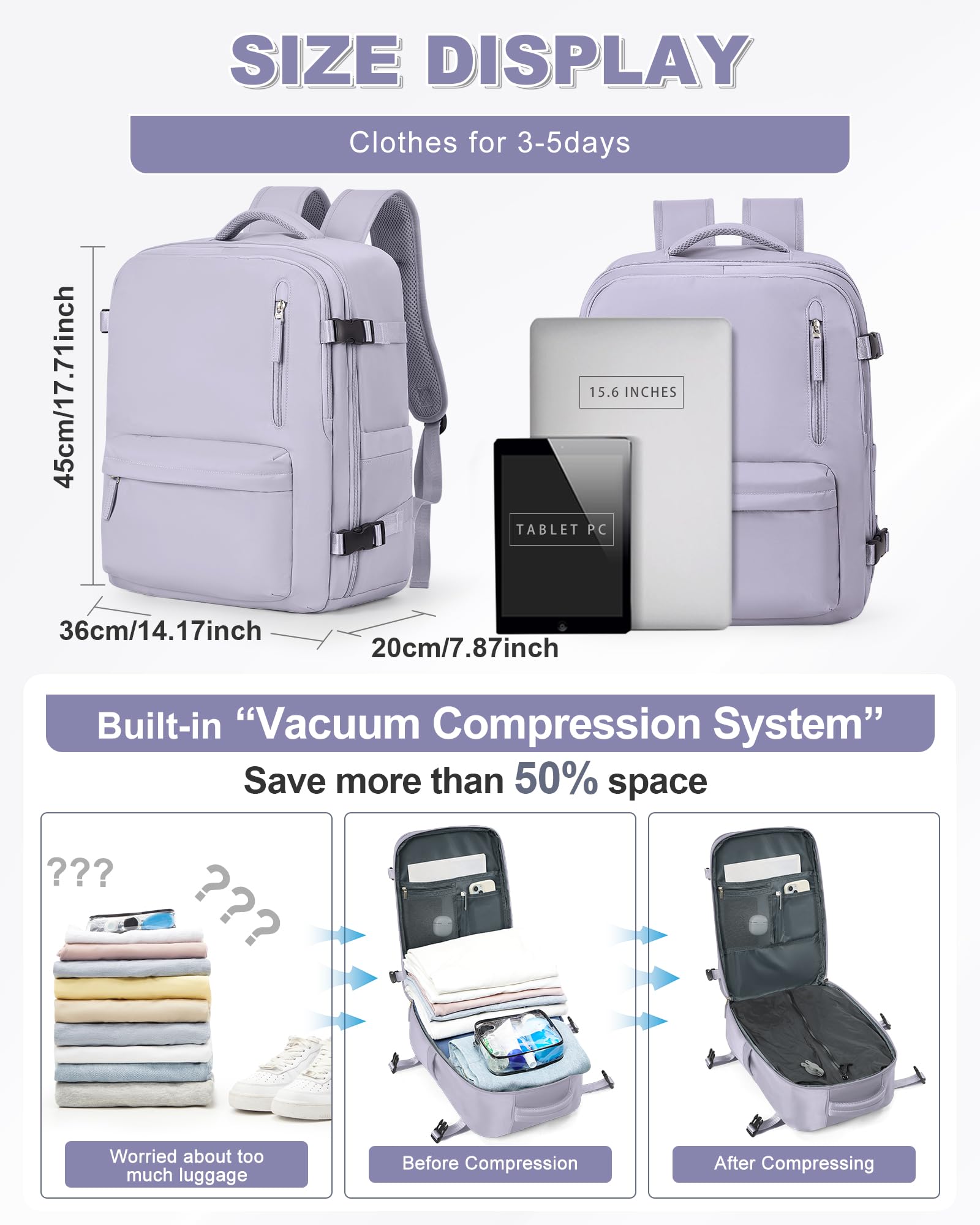 BJLFS Zaino da viaggio aereo Bagaglio a mano con Pompa per Sottovuoto Borse da Cabina per Ryanair 40x20x25 Airback con compressione sottovuoto,Zaino Casual per laptop da 14 pollici per Viaggi