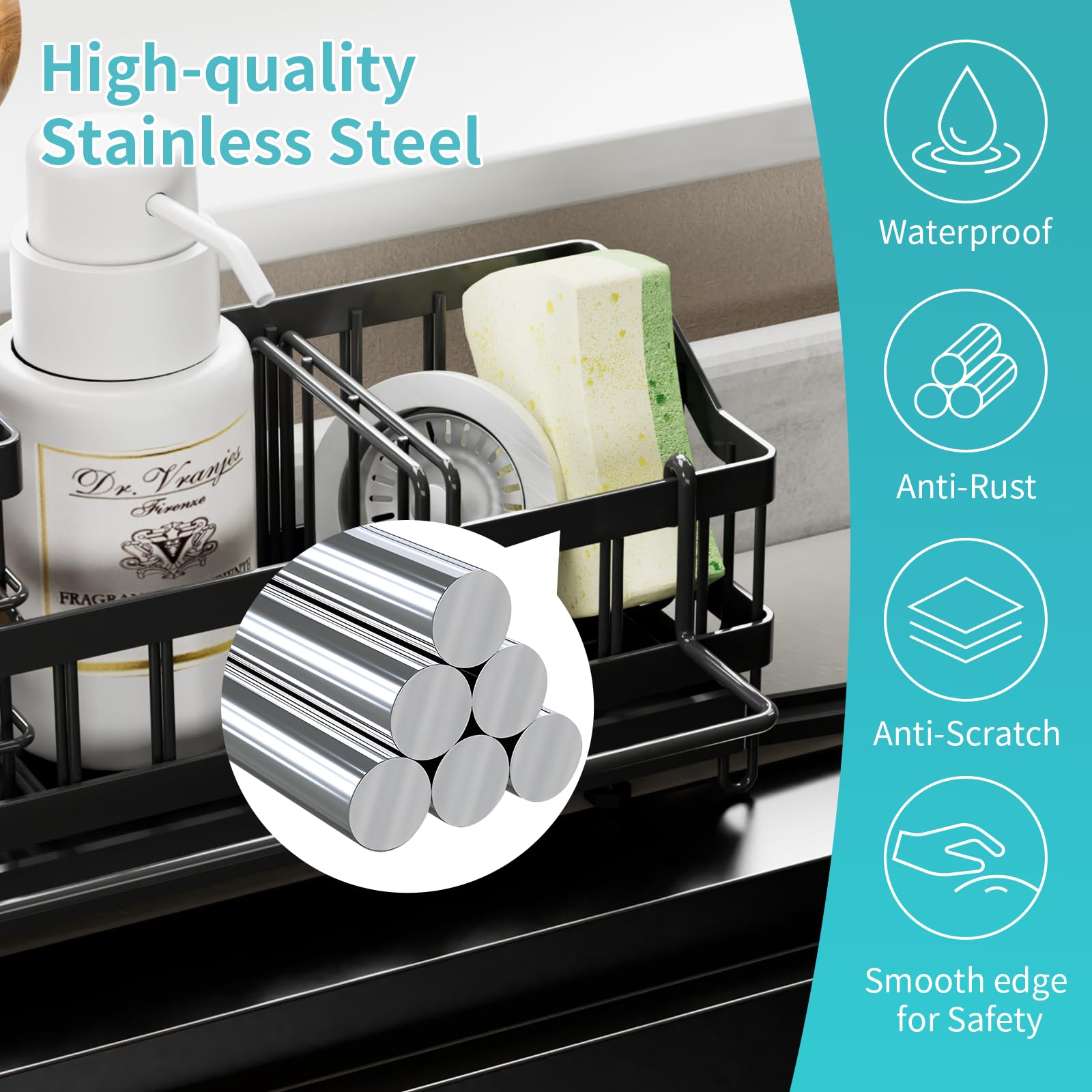 iHomara Spülbecken Organizer Küchen,Schwammhalter,Spülorganizer Edelstahl,Spülmittel Halterung,Sink Caddy Kitchen Organizer,Küchenorganisation Spüle,Spülutensilien Aufbewahrung