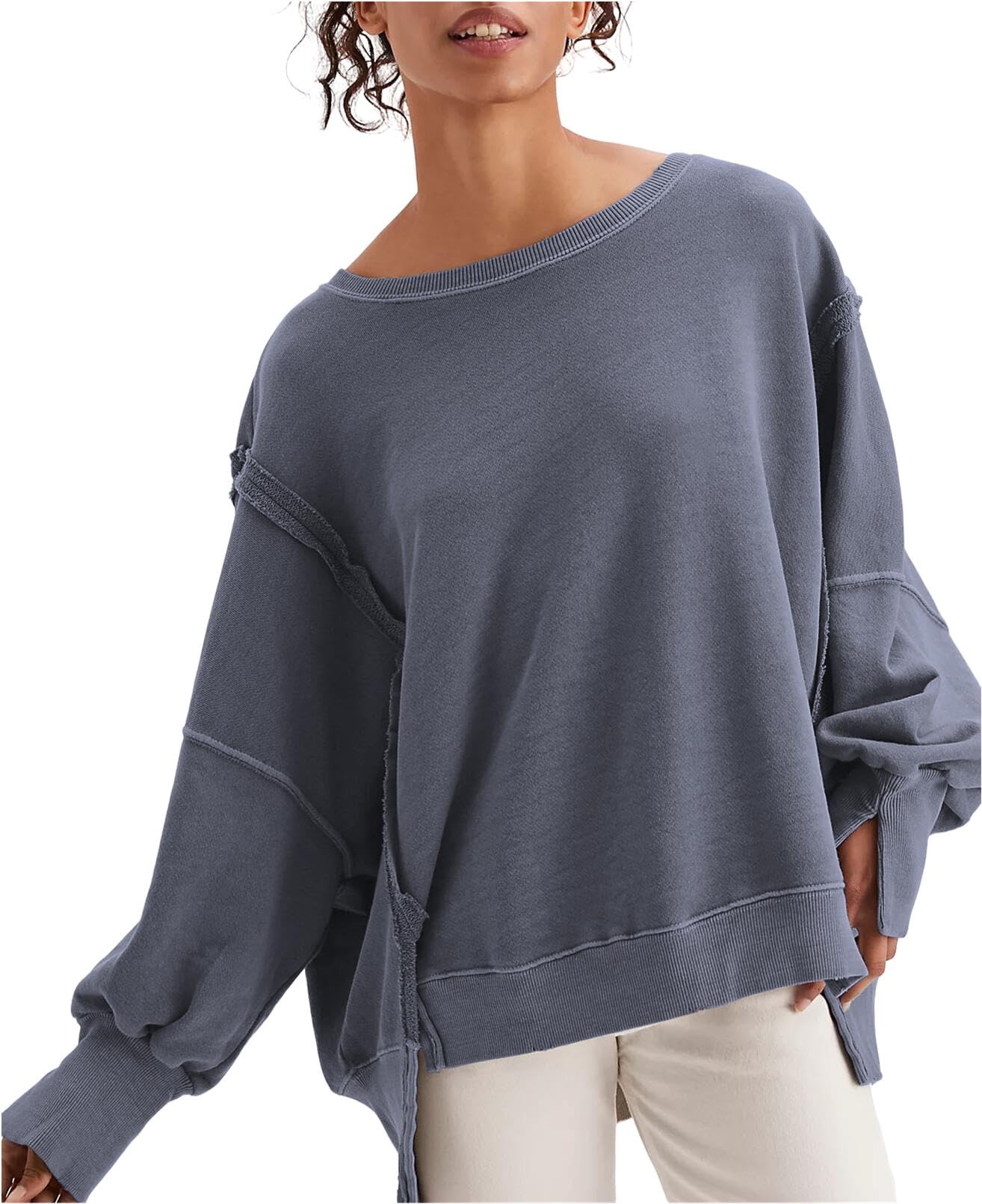 Women's Oversized Crew Neck Sweatshirt Long Sleeve Split Hem Pullover For Fall and Winter